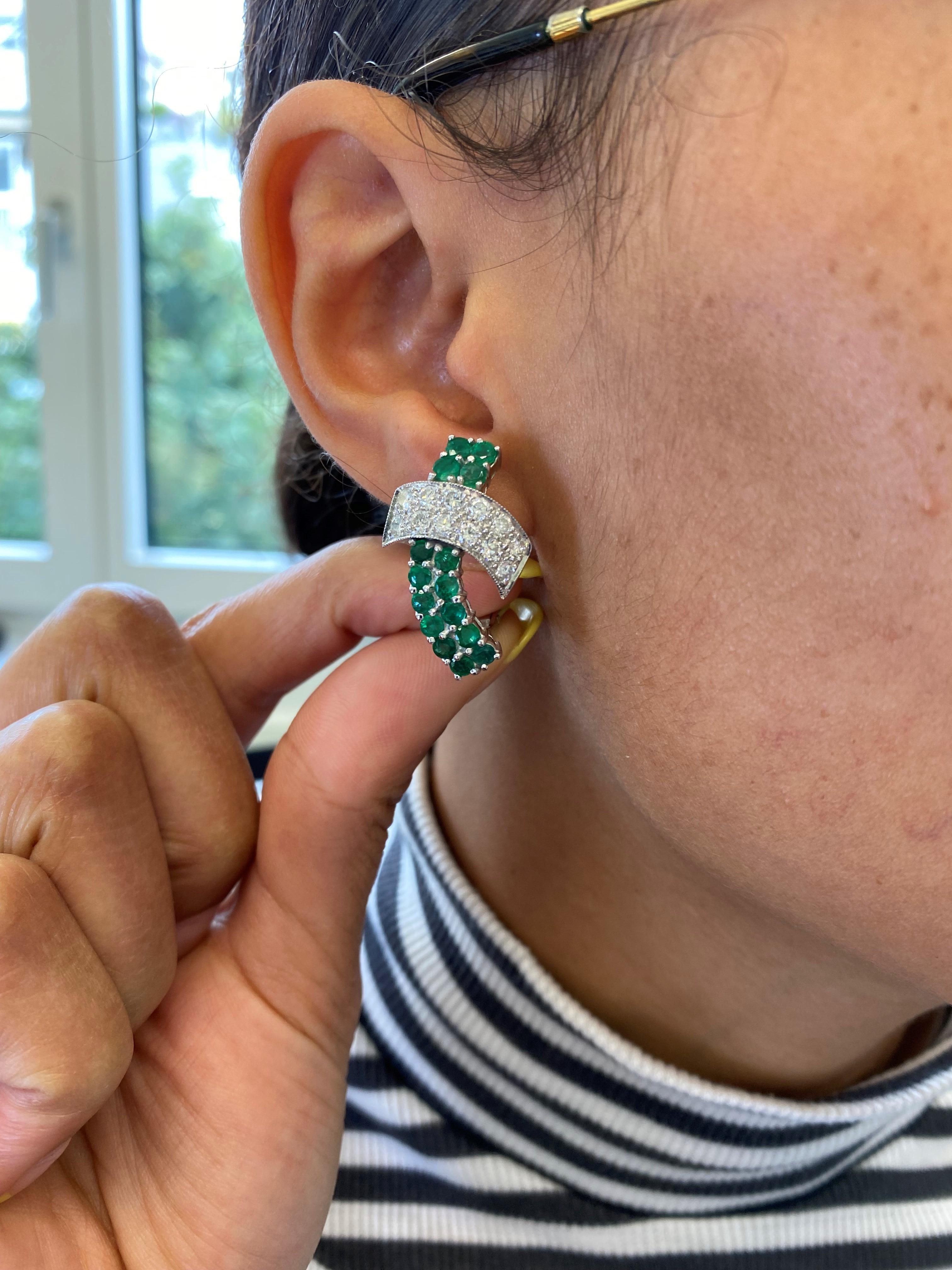 Emerald and Diamond Earclips in 18 Karat White Gold 1