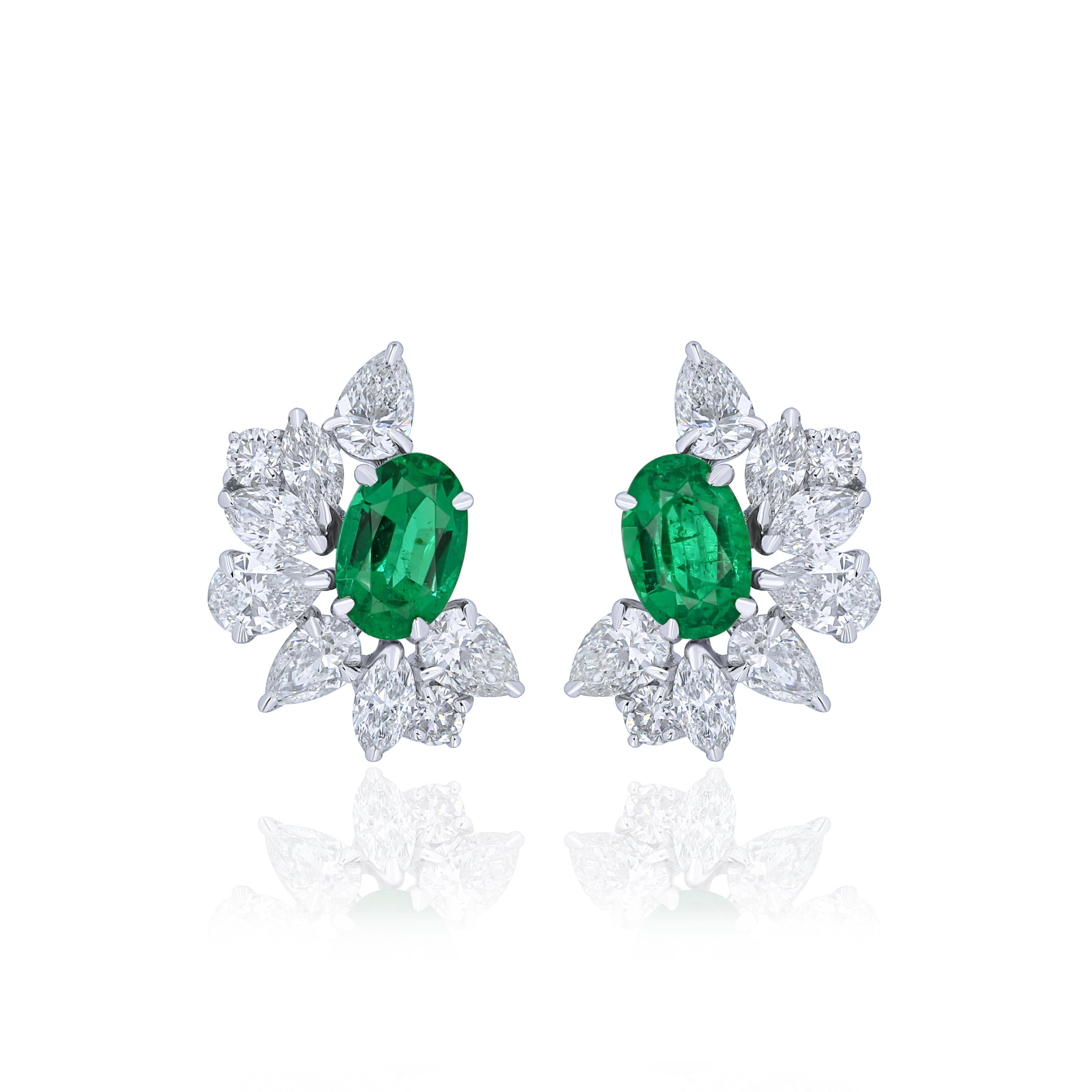 Emerald and Diamond Earring 18 Karat White Gold Handcraft Jewelry, Birth Stone