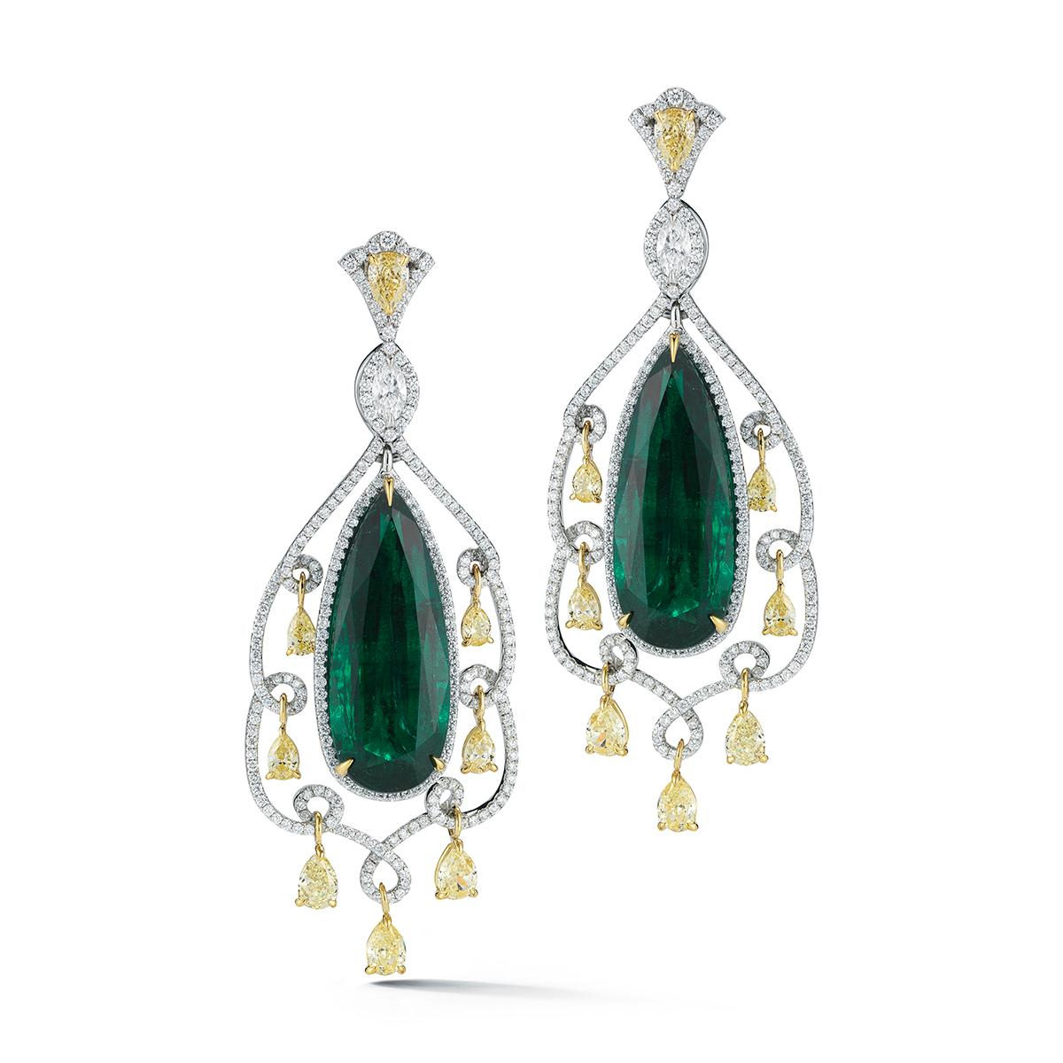 THE EMERALD DECADENCE EARRINGS BY RAYAZTAKAT
The deep green of these certified Emeralds is intensified by the delicate movement of yellow diamond drops.
Item:	# 02383
Metal:	18k W / Y
Lab:	Gia
Color Weight:	38.85 ct.
Diamond Weight:	16.43 ct.
