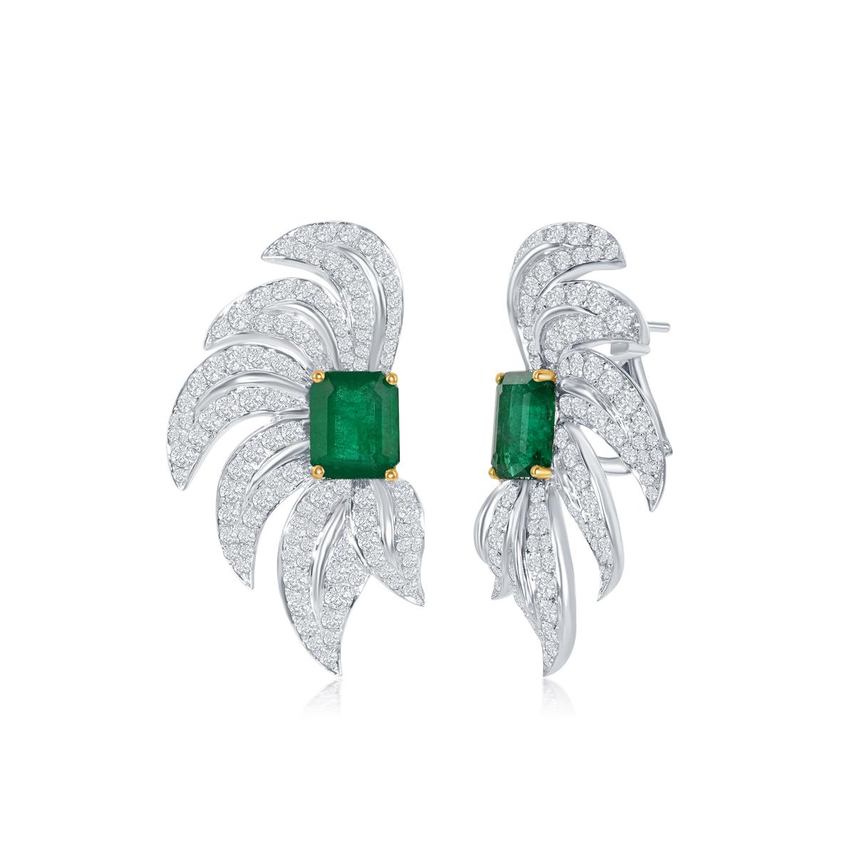 ELEGANT EMERALD AND DIAMOND EARRING
A significant look for such a light and airy diamond setting and two perfectly matched emeralds.
Item:	# 03023
Setting:	18K W
Lab:	C.Dunaigre
Color Weight:	4.23 ct. of Emerald
Diamond Weight:	3.92 ct. of Diamonds