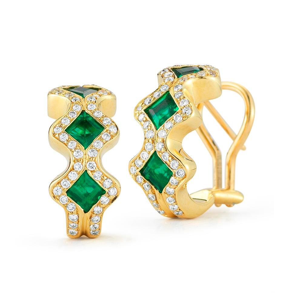 The perfect size of daily wear, the bright green of these emeralds keeps these hoops from being anything ordinary.
Item:	# 01996
Setting:	18K Y
Color Weight:	1.08 ct. of Emerald
Diamond Weight:	0.52 ct. of Diamonds
