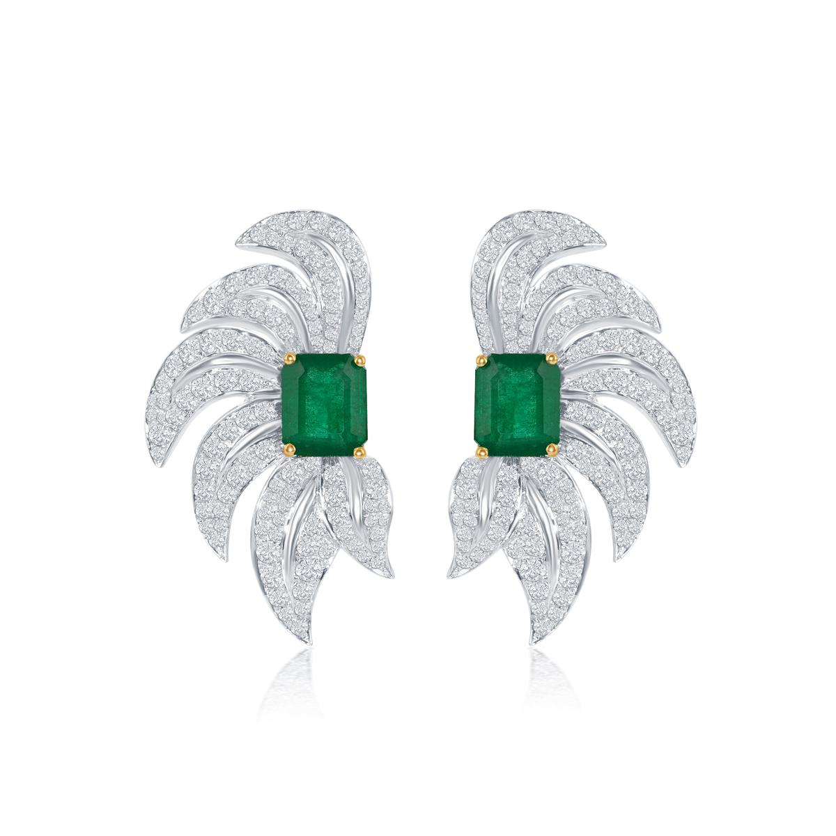 Emerald Cut Emerald And Diamond Earring In 18K White Gold For Sale