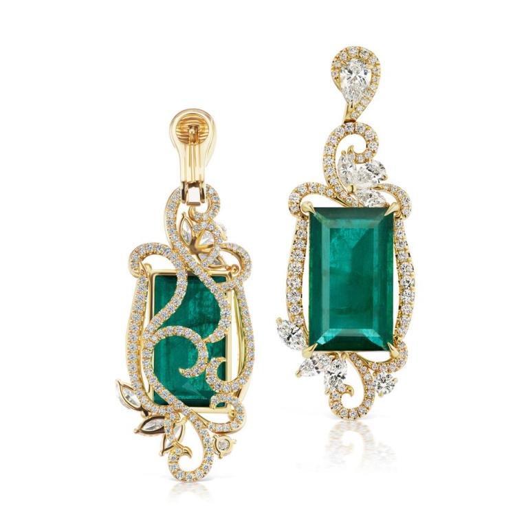 EMERALD AND DIAMOND EARRING A vibrant color combination of yellow white and green from the luscious emeralds and bright colorless diamonds set in 18k Yellow gold makes these earrings different from others Item: # 02953 Metal: 18k Y Lab: Grs Color