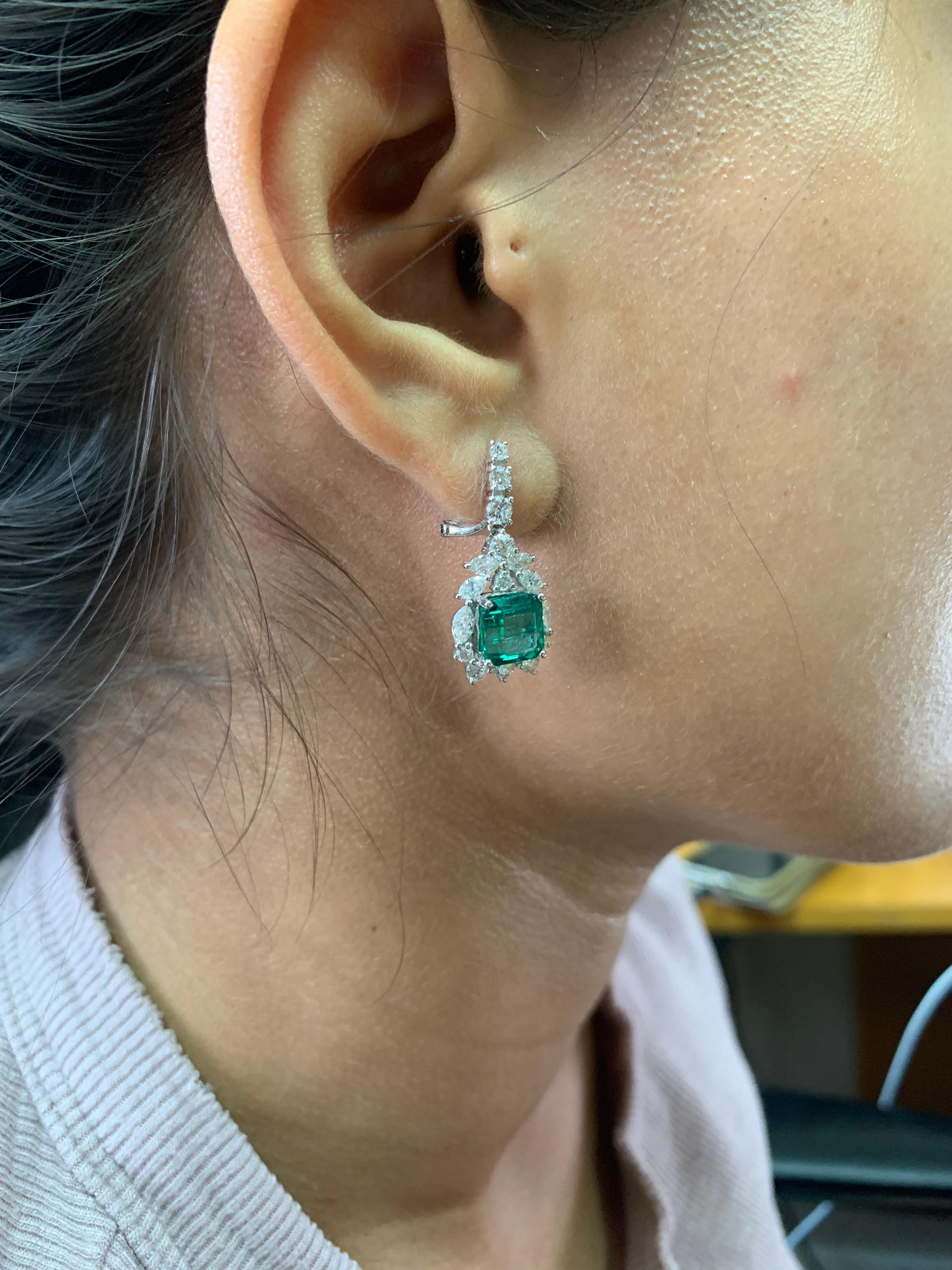Octagon Cut Emerald and Diamond Earring in 18 Karat White Gold