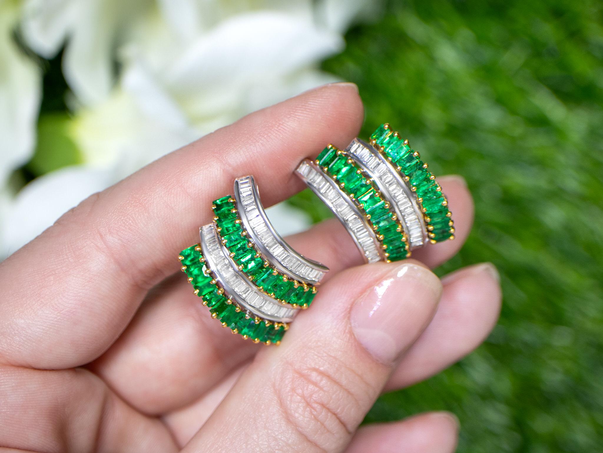 Modern Emerald and Diamond Earrings Baguettes 6.45 Carats 18K Gold For Sale