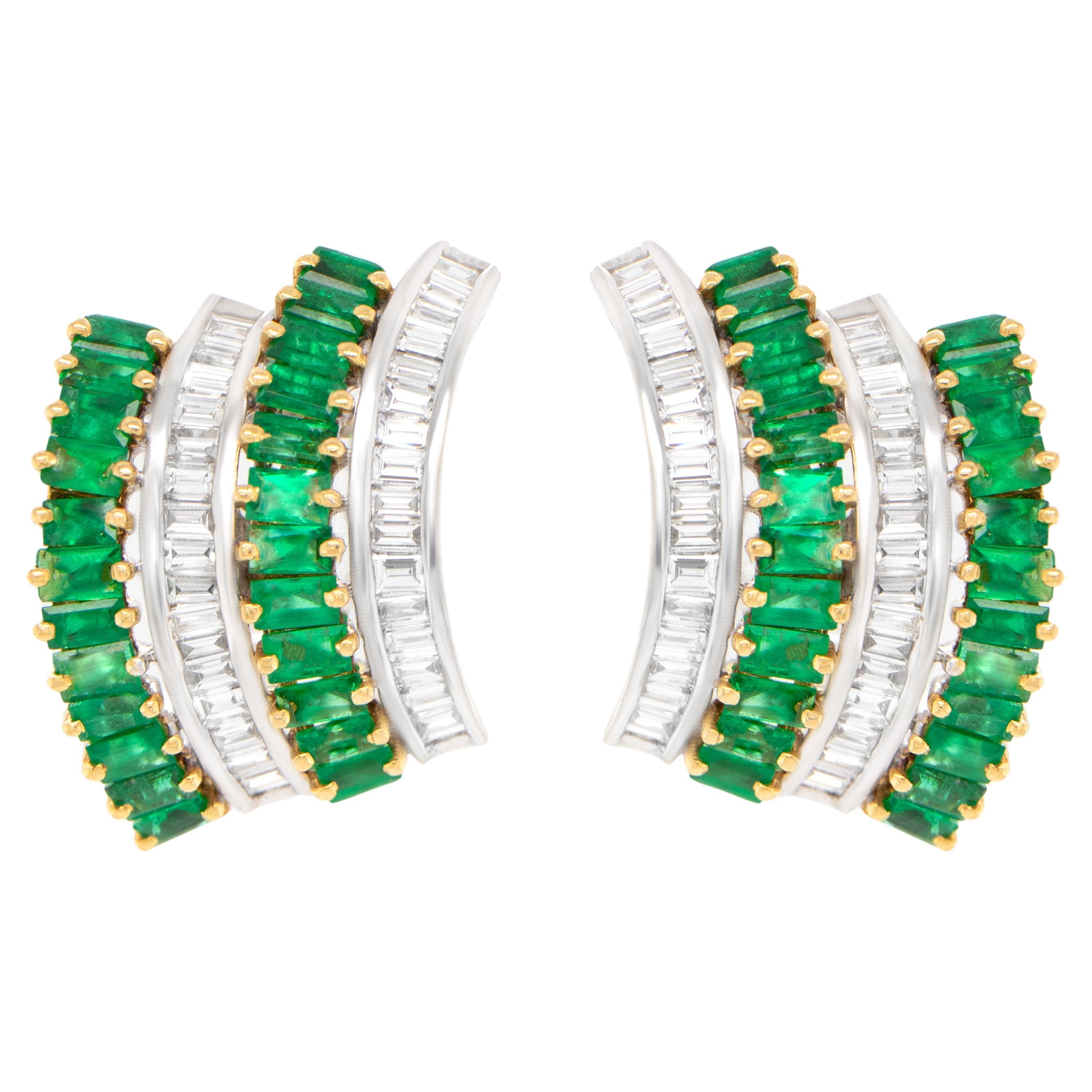 Emerald and Diamond Earrings Baguettes 6.45 Carats 18K Gold For Sale