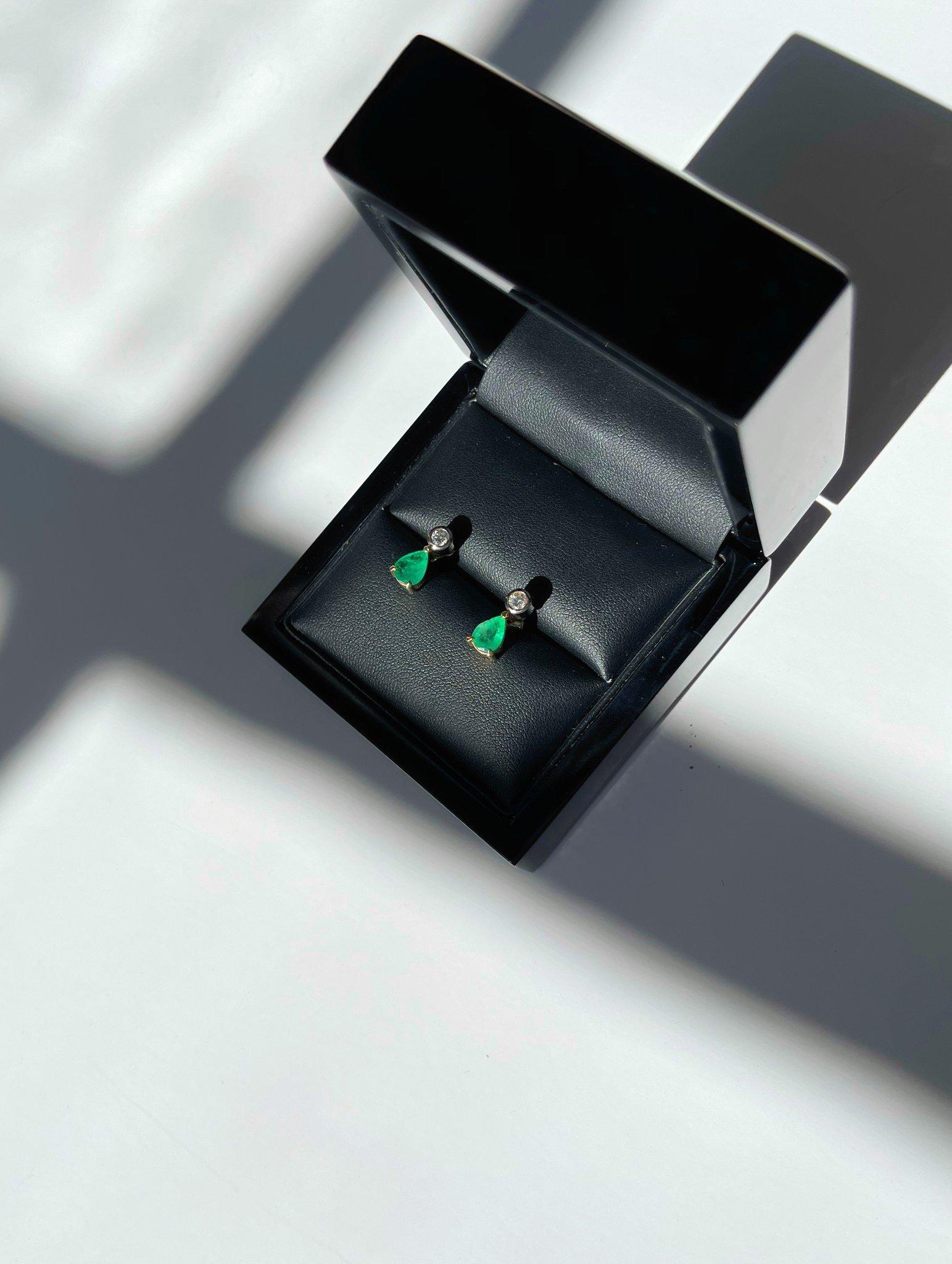 Heralded for providing intuition and vision, emeralds also represent growth, expansion and new beginnings. Rare emerald and diamond earrings set in solid 9 karat gold. 

Teardrop shaped emerald and diamond earrings set in solid 9 karat gold
Emeralds