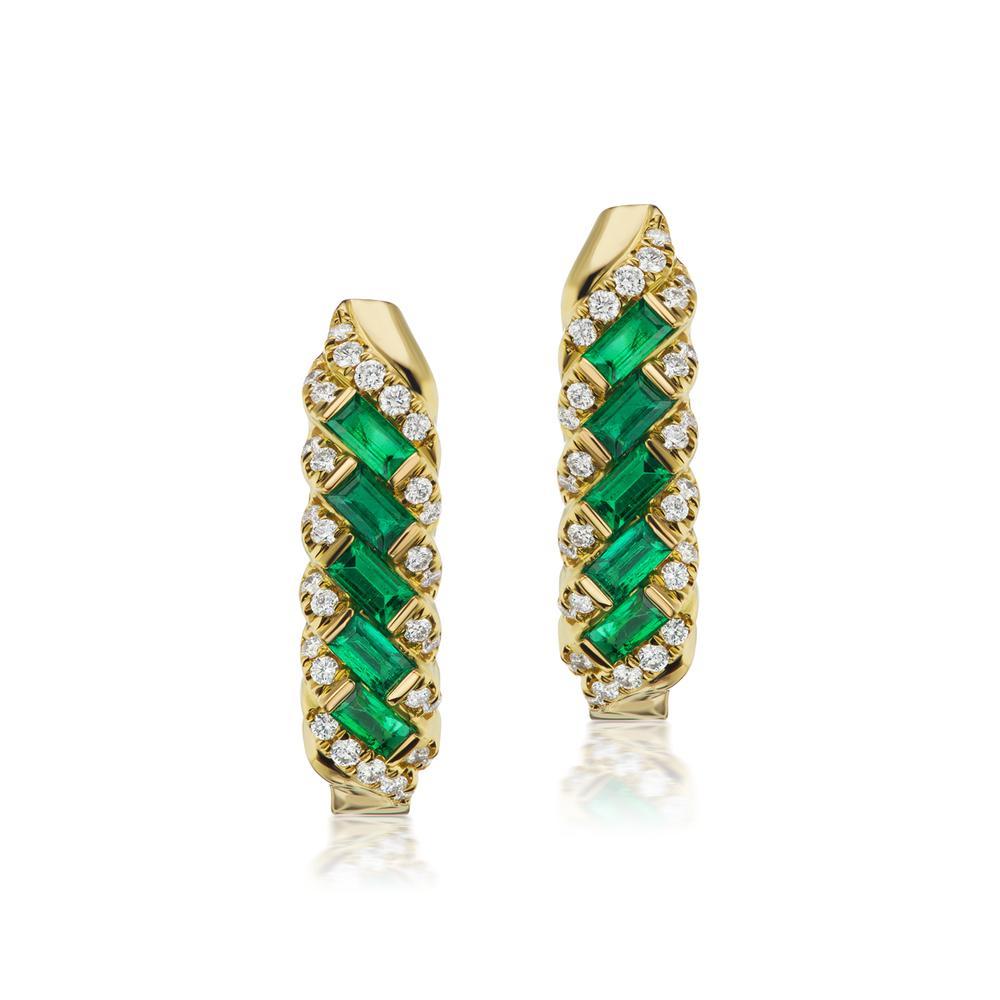 18k Yellow Gold 1.28ct Emerald and .54ct Diamond Earrings.

Bright perfectly matched baguettes are in perfect contrast to the organic
form of these earrings
Item: # 03498
Metal: 18k Y
Color Weight: 1.28 ct.
Diamond Weight: 0.54 ct.