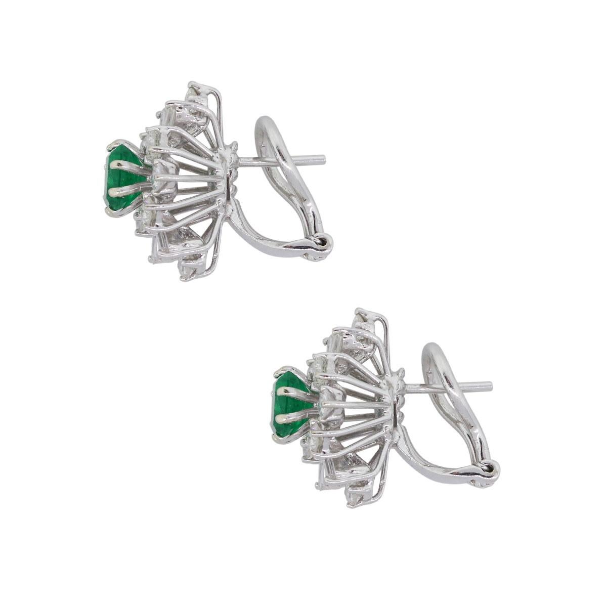 Material: 18k white gold
Gemstone Details: Approximately 1.70ctw of emerald shape emeralds.
Diamond Details: Approximately 1.05ctw of round and baguette shape diamonds. Diamonds are G/H in color and VS-SI in clarity.
Earring Measurements: 0.78″ x