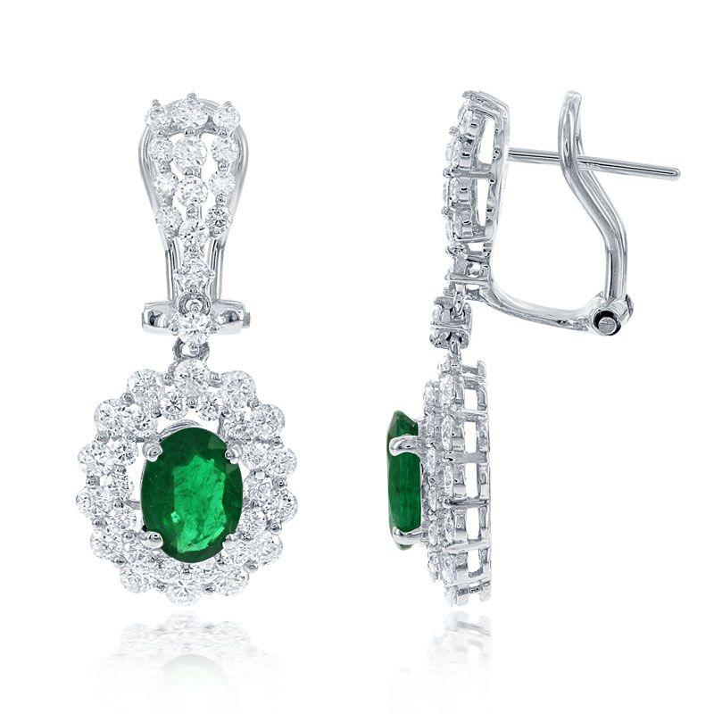 Modern 18k White Gold 1.67ct Emerald and 2.37ct Diamond Earrings For Sale
