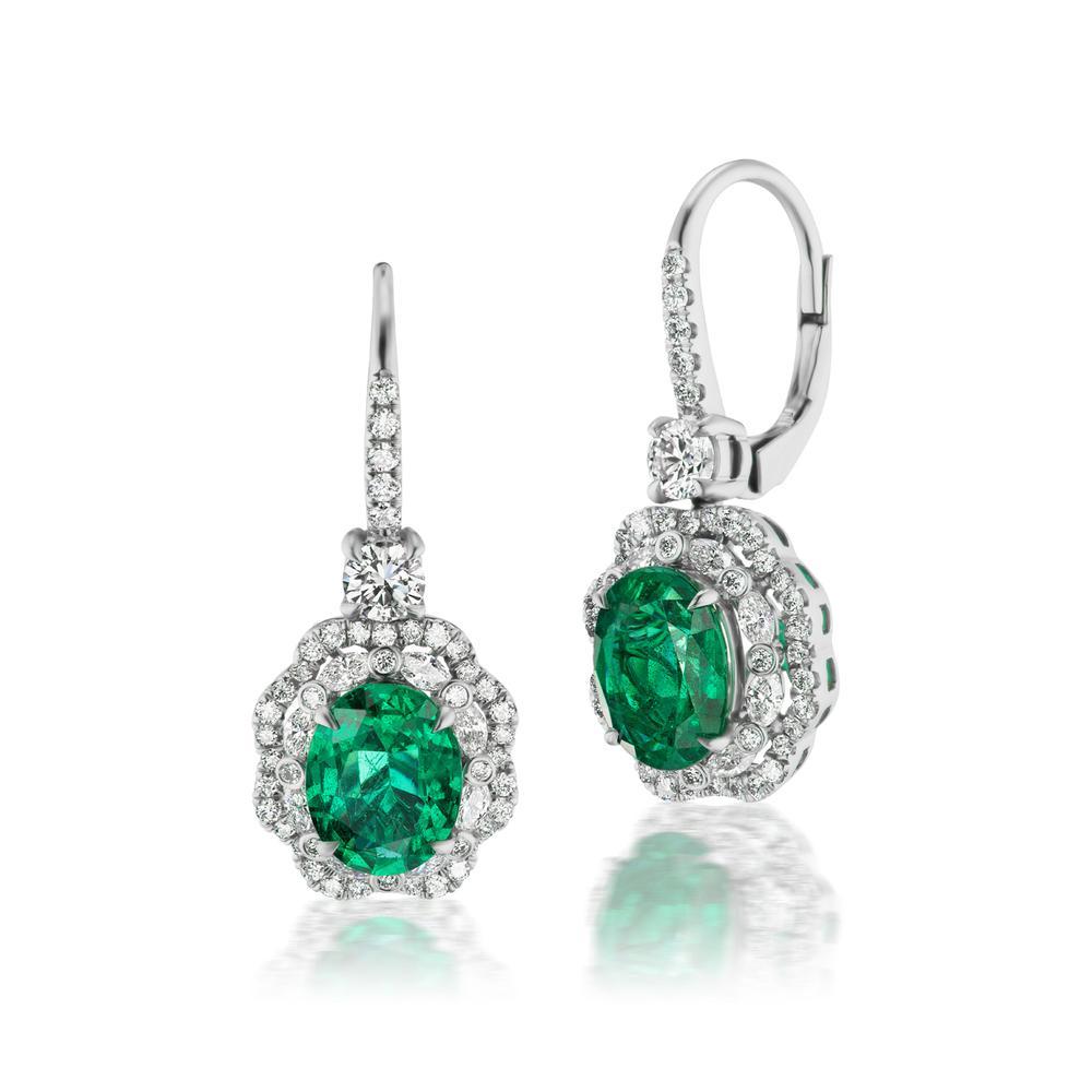 Modern 18k White Gold 3.25ct Emerald And 1.49ct Diamond Earrings For Sale