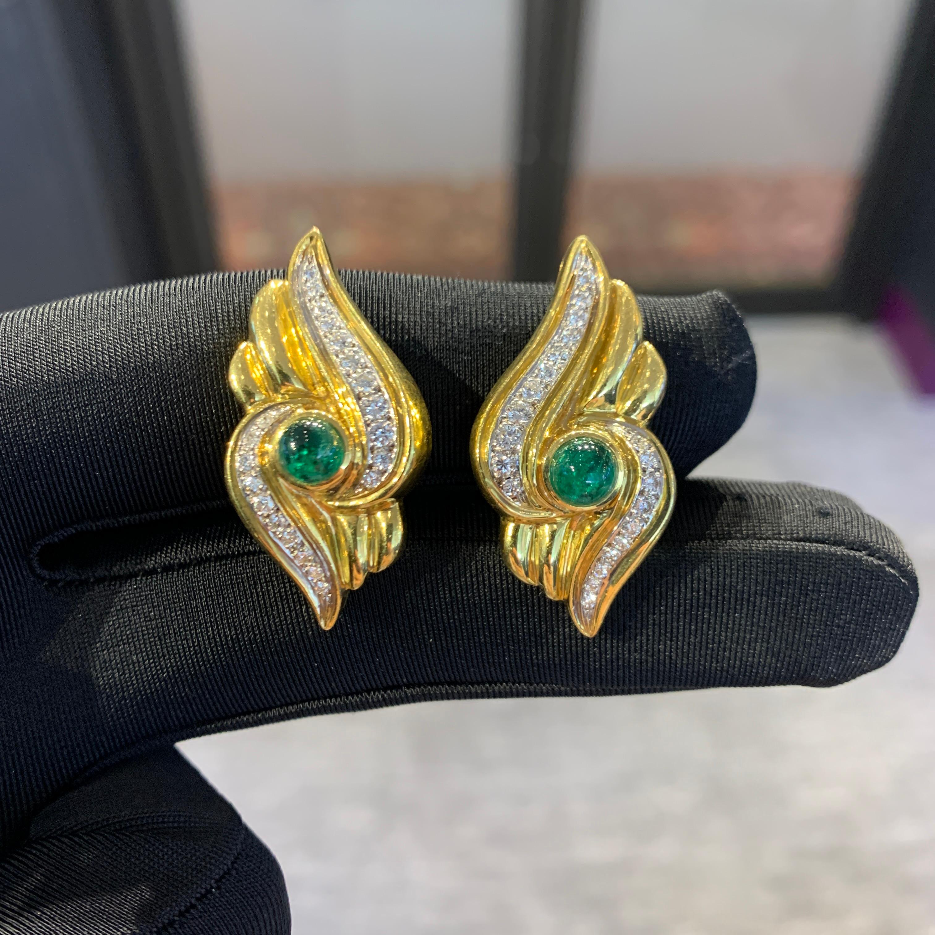 Cabochon Emerald and Diamond Earrings  For Sale