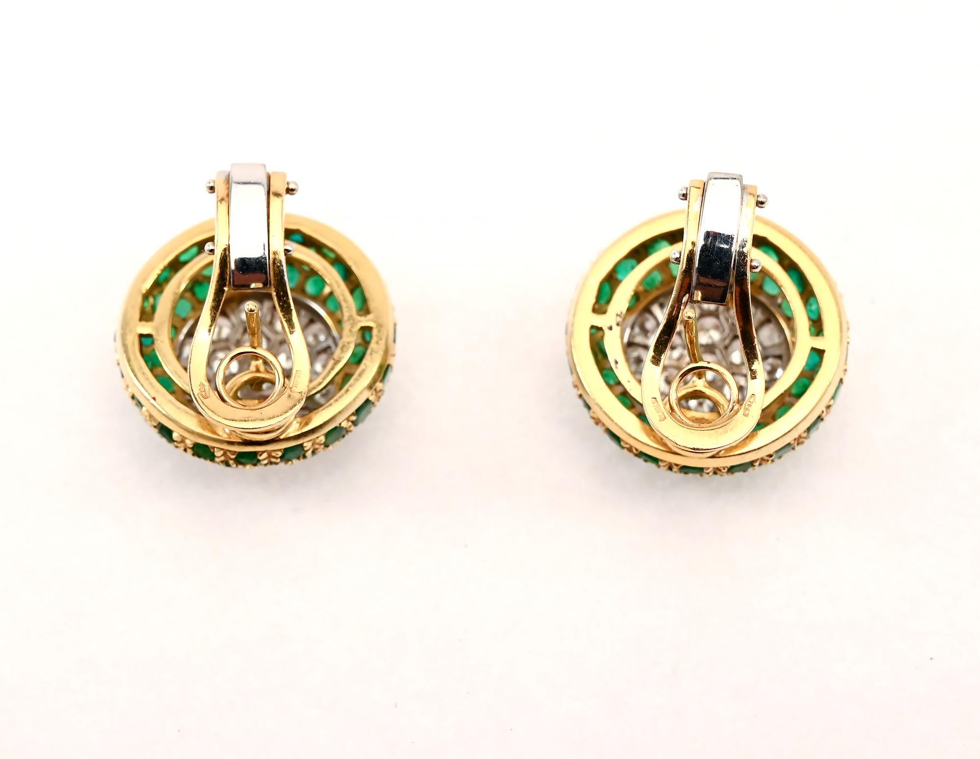Round Cut Emerald and Diamond Earrings For Sale
