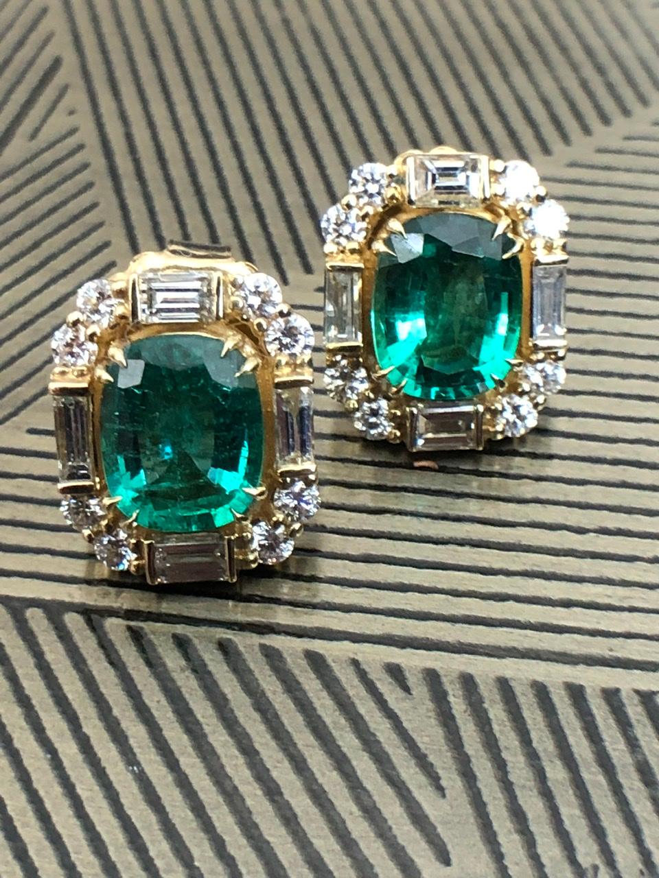 Cushion Cut Emerald and Diamond Earrings by Andrew Glassford