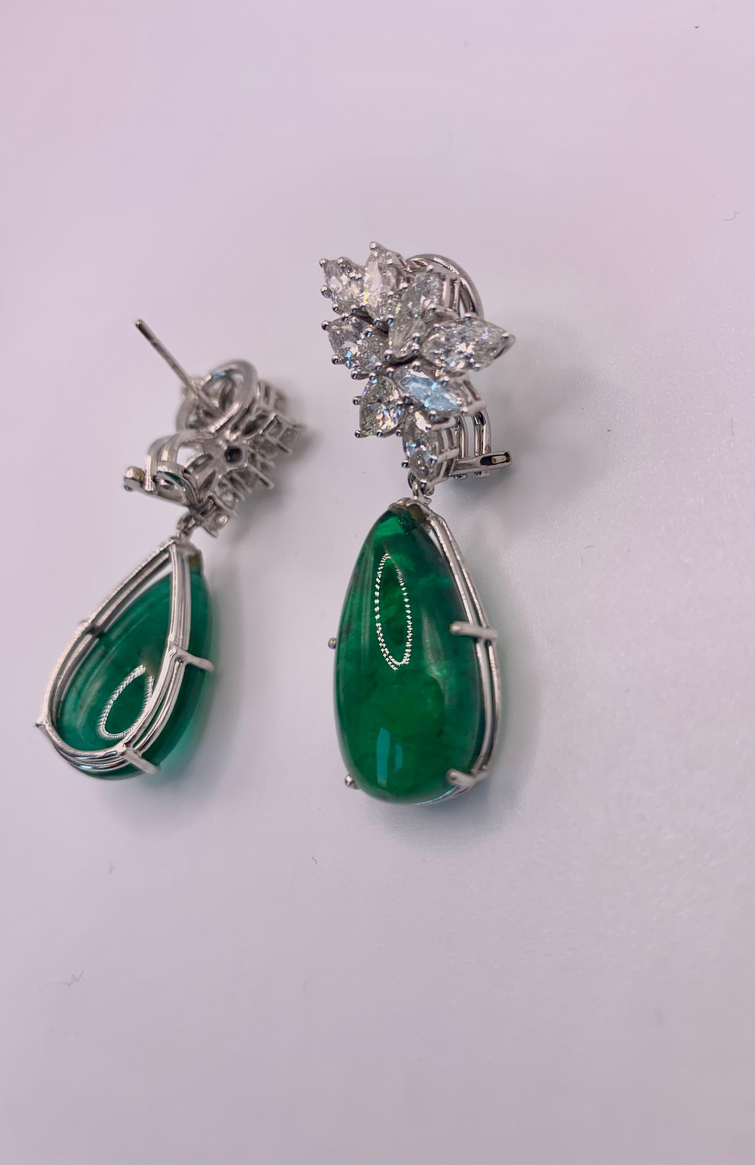 Cabochon Emerald and Diamond Earrings For Sale