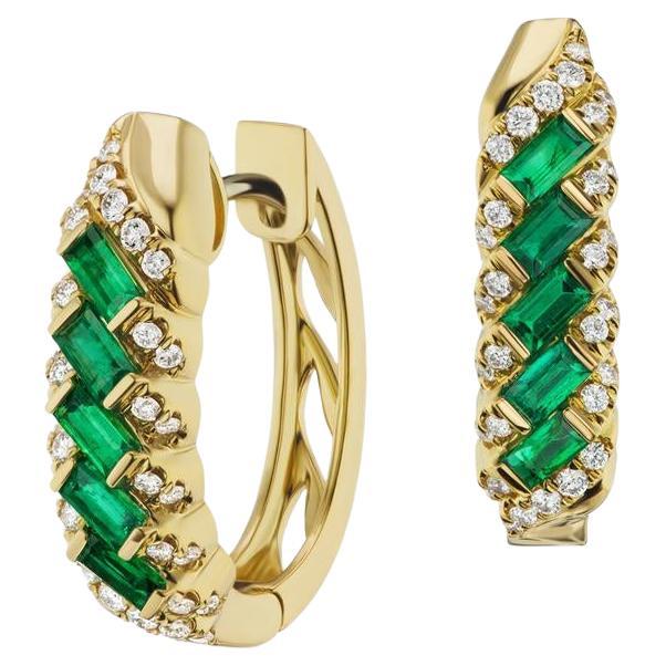 18k Yellow Gold 1.28ct Emerald and .54ct Diamond Earrings For Sale