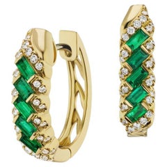18k Yellow Gold 1.28ct Emerald and .54ct Diamond Earrings