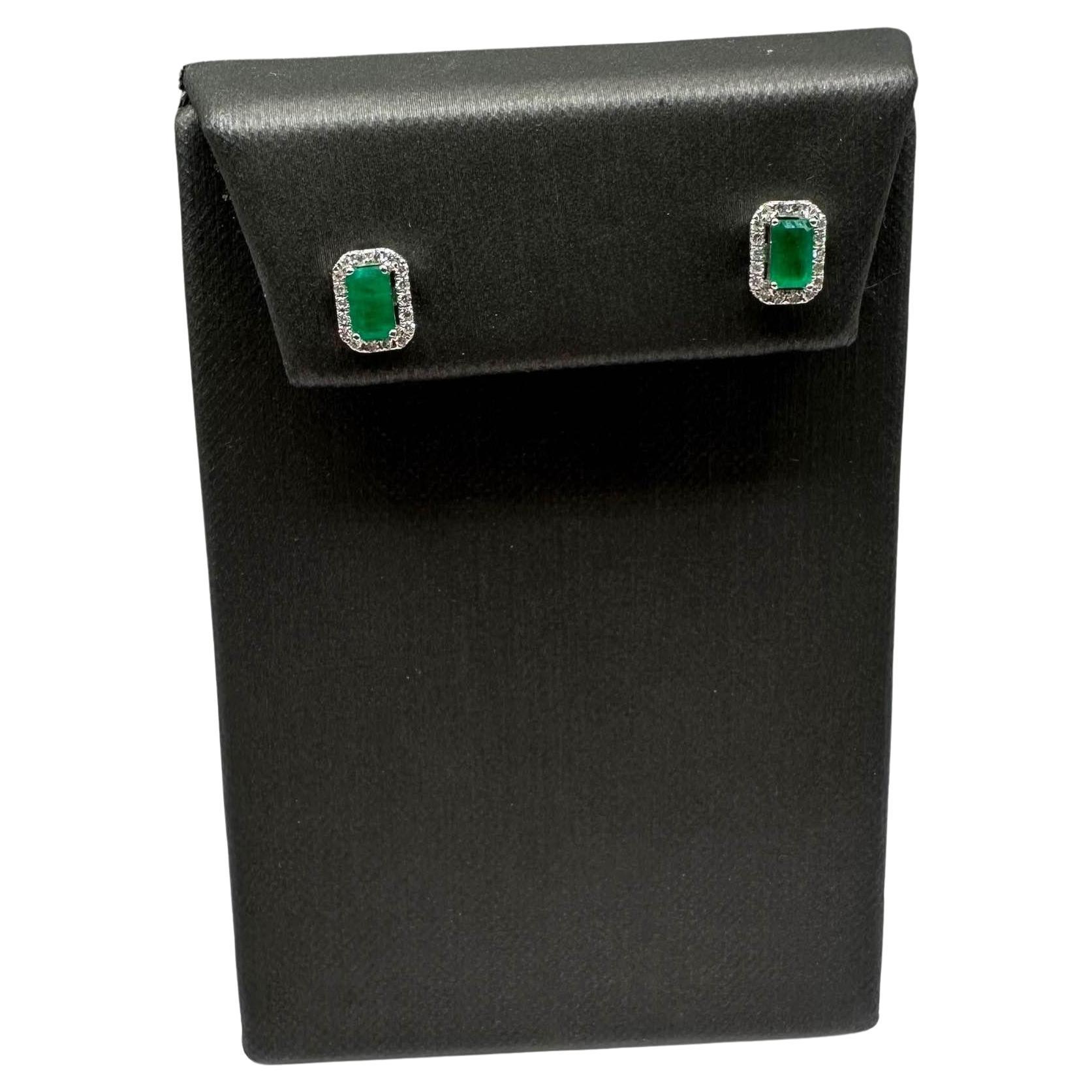 Emerald and Diamond Earrings in 14kt White Gold - 0.50ctw Emeralds, 0.10ctw Dia