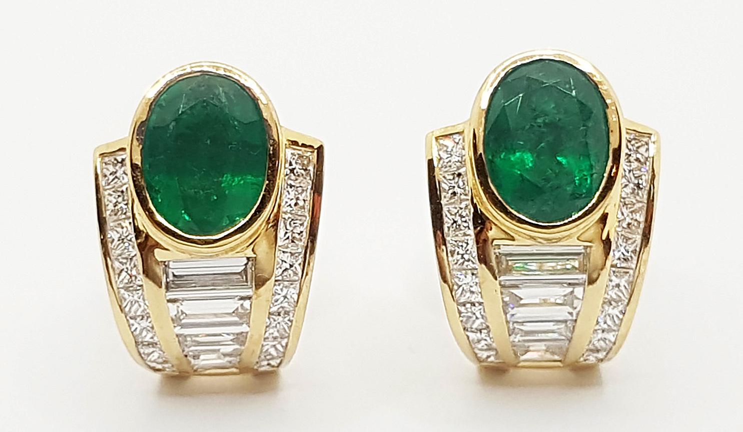 Emerald 5.93 carats and Diamond 2.99 carats Earrings set in 18K Gold Settings

Width: 1.4 cm 
Length: 2.1 cm
Total Weight: 16.78 grams

