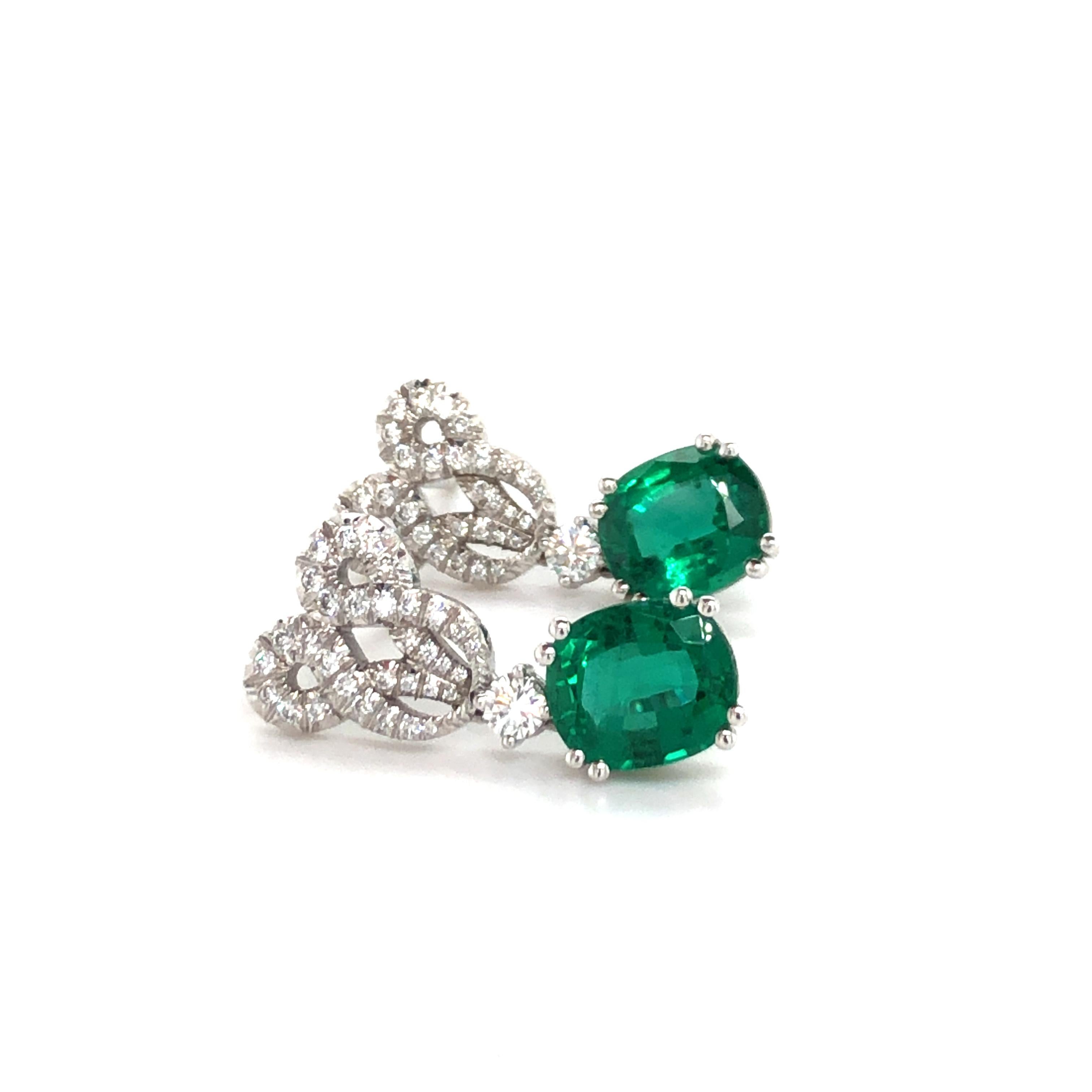 Cushion Cut Emerald and Diamond Earstuds by Péclard in 18 Karat White Gold For Sale