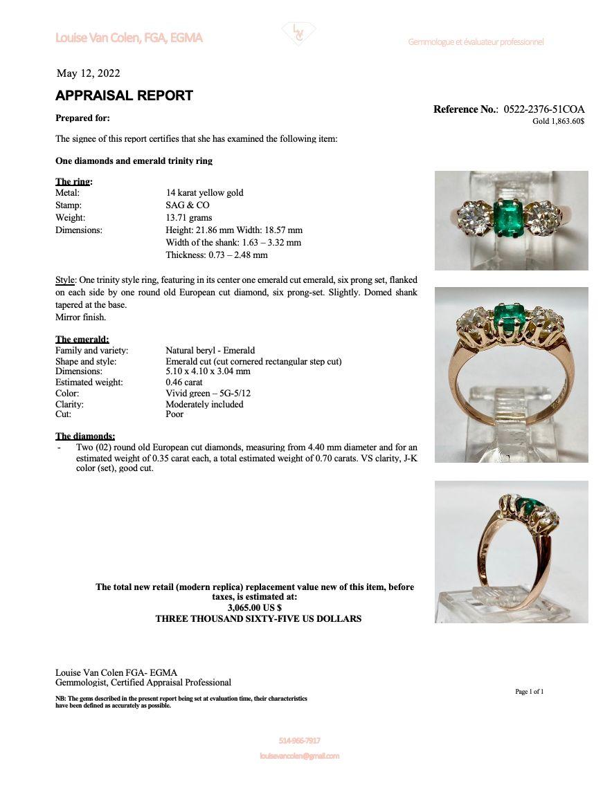 Mixed Cut Emerald and Diamond Edwardian 3-Stone Gold Ring Estate Fine Jewelry