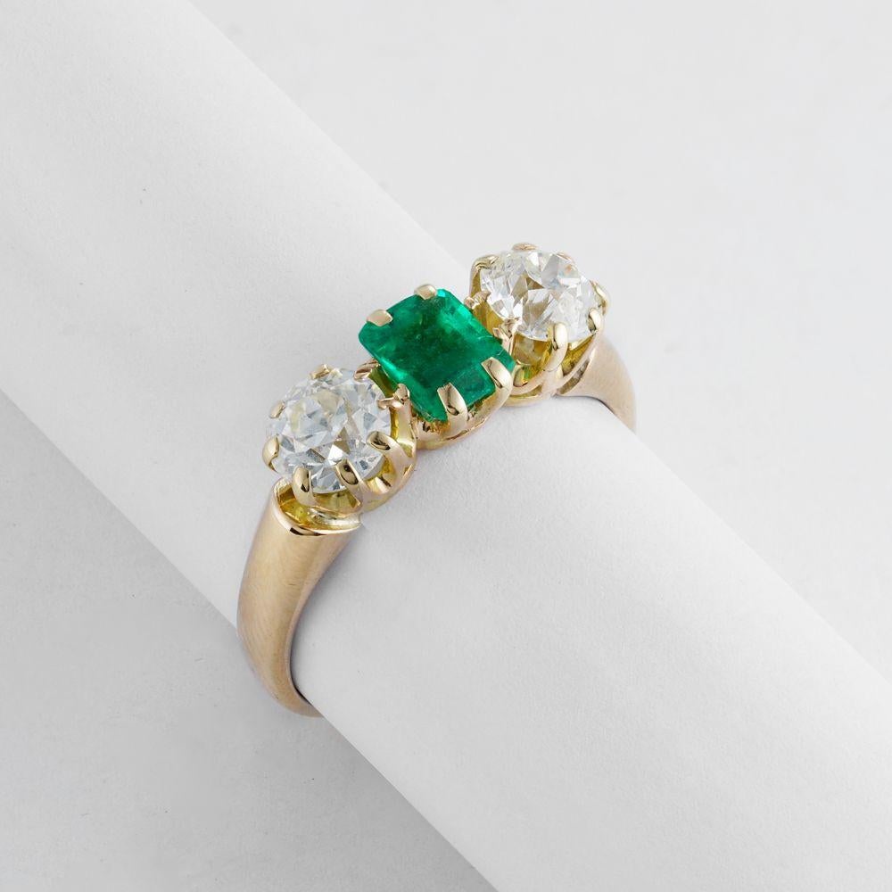 Emerald and Diamond Edwardian 3-Stone Gold Ring Estate Fine Jewelry 1