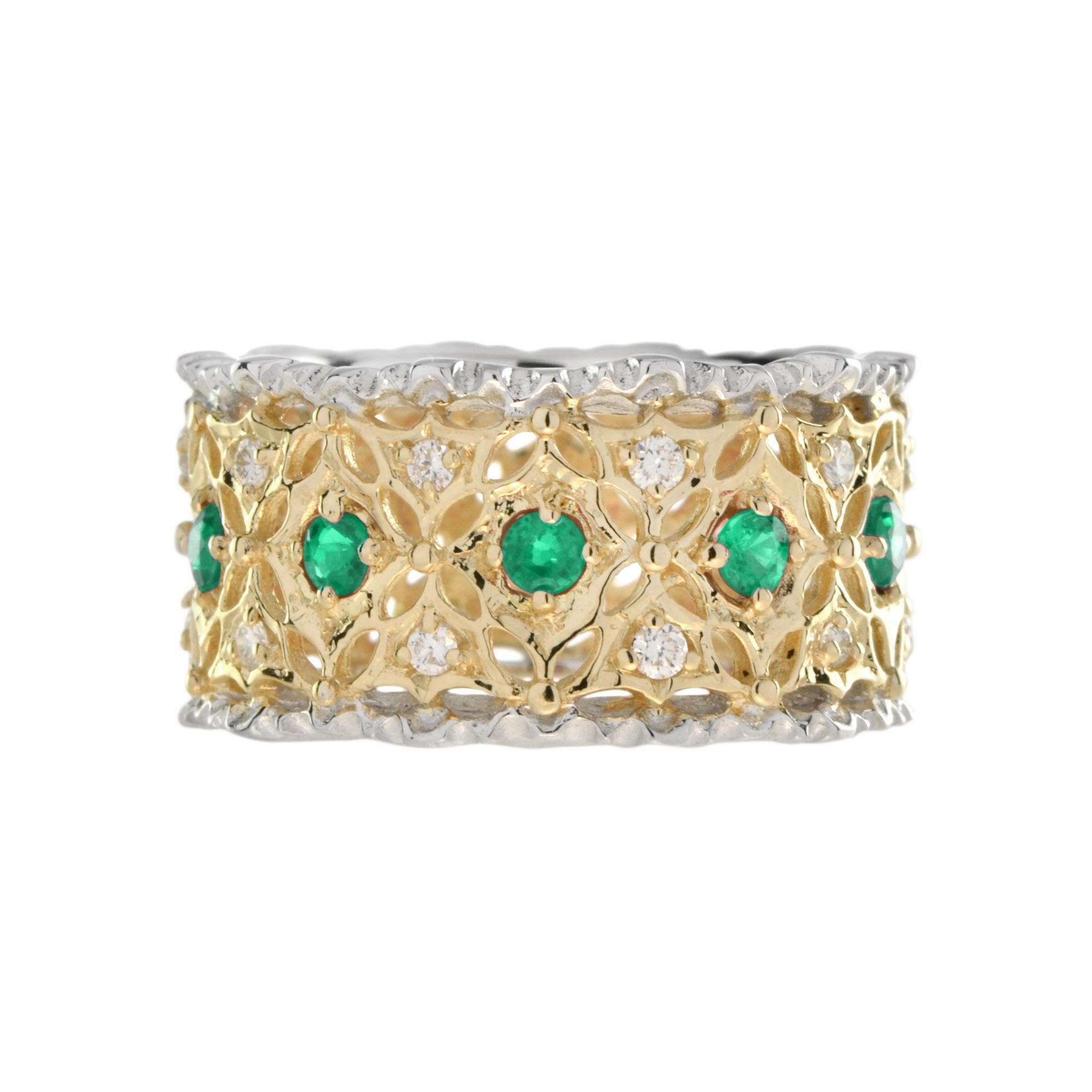 Art Deco Emerald and Diamond Edwardian Style Wide Band Ring in 18K Two Tone Gold For Sale