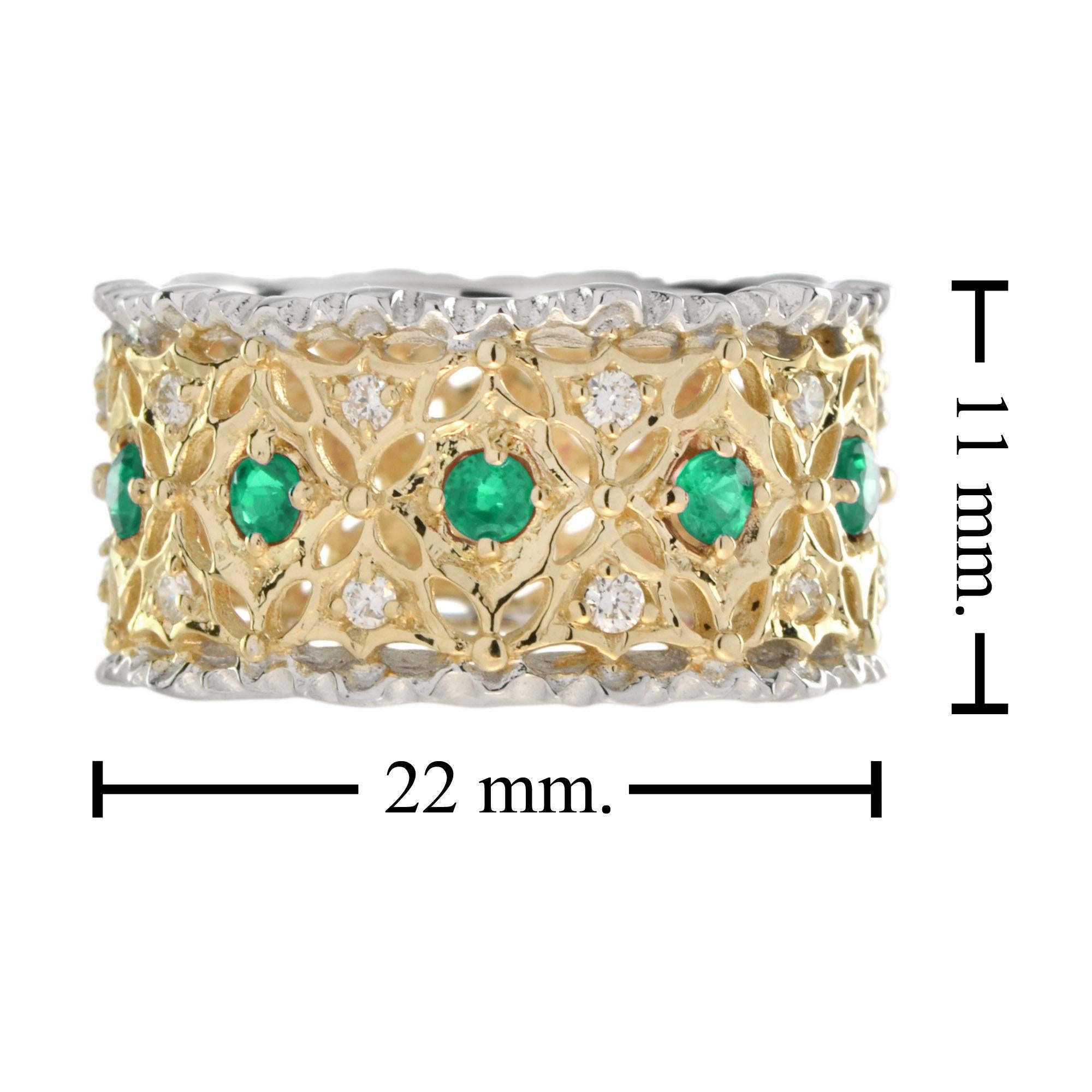 Emerald and Diamond Edwardian Style Wide Band Ring in 18K Two Tone Gold In New Condition For Sale In Bangkok, TH