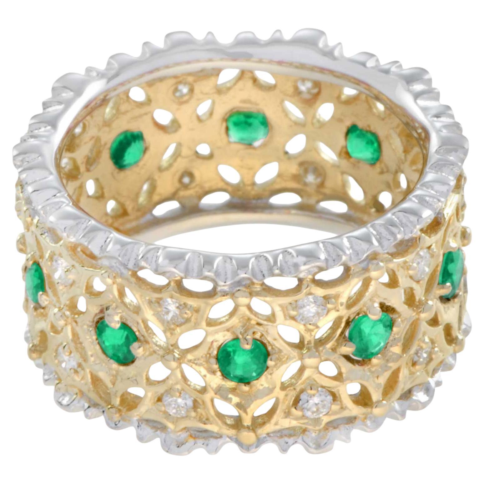 Emerald and Diamond Edwardian Style Wide Band Ring in 18K Two Tone Gold For Sale