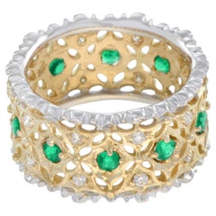 Emerald and Diamond Edwardian Style Wide Band Ring in 18K Two Tone Gold