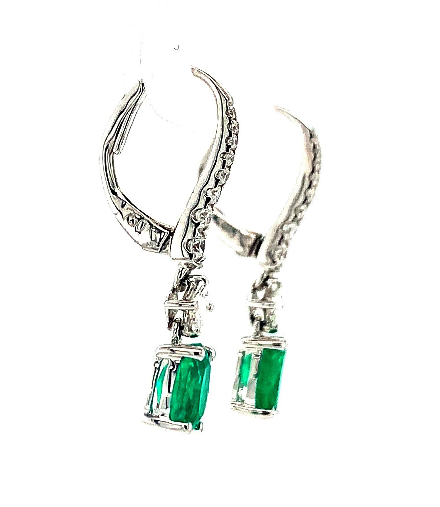 Emerald and Diamond Elongated Drop Earrings in 18K White Gold  For Sale 1