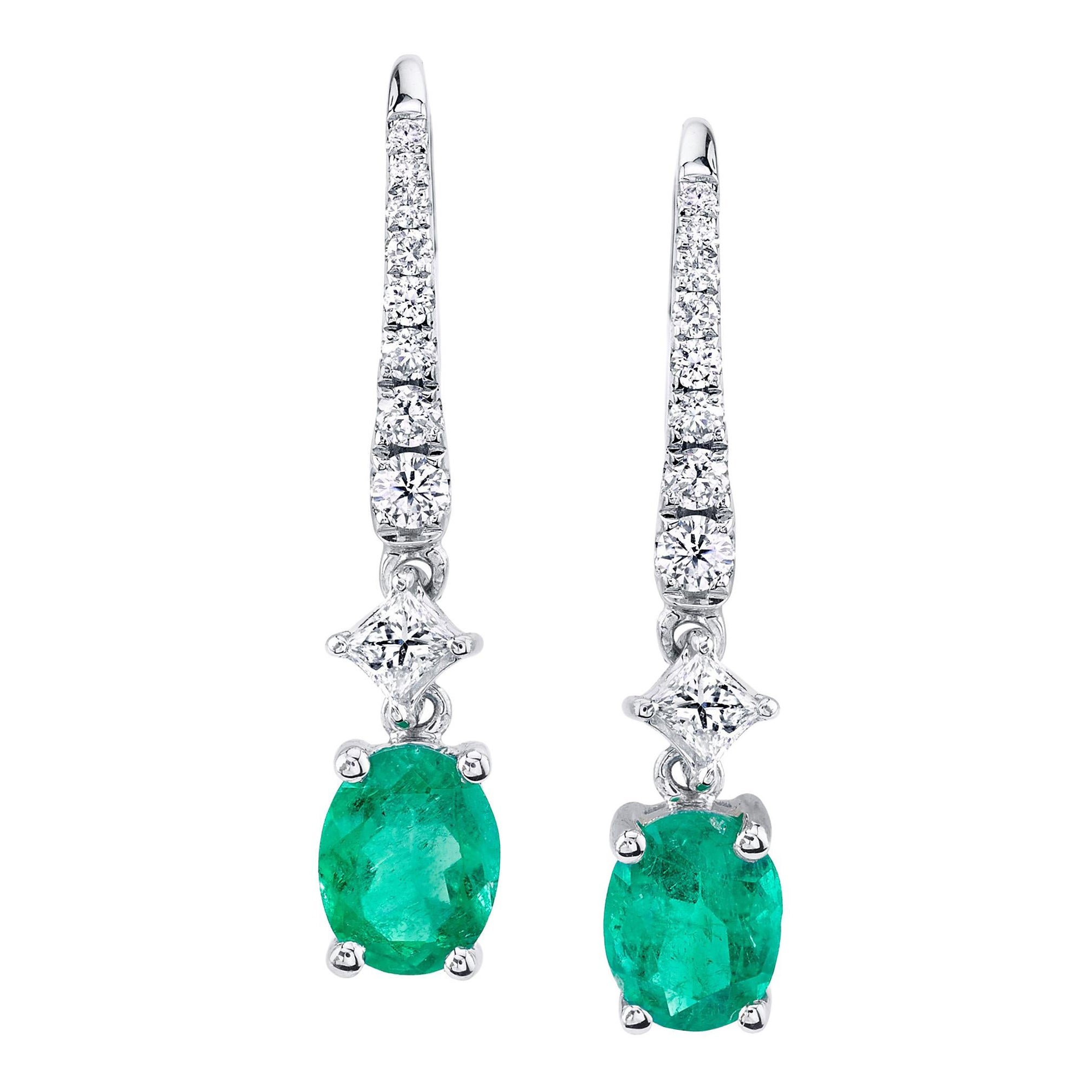 Emerald and Diamond Elongated Drop Earrings in 18K White Gold For Sale