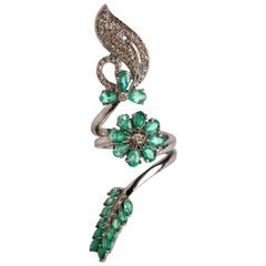 Emerald and Diamond Elongated Full Finger Cocktail Flower and Vine Ring