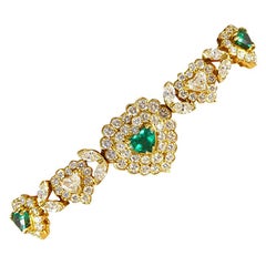 Emerald and Diamond Encrusted Heart Shaped 18 Carat Gold Bracelet