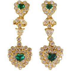 Emerald and Diamond Encrusted Heart Shaped 18 Carat Gold Drop Earrings