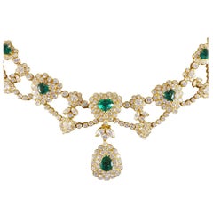 Emerald and Diamond Encrusted Heart Shaped 18 Carat Gold Necklace