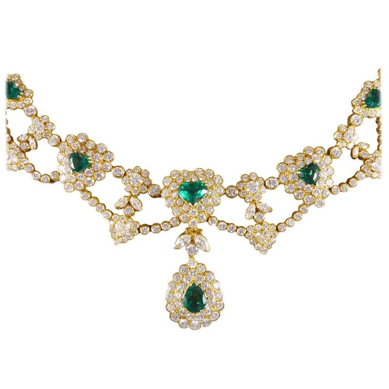 Emerald and Diamond Encrusted Heart Shaped 18 Carat Gold Necklace at