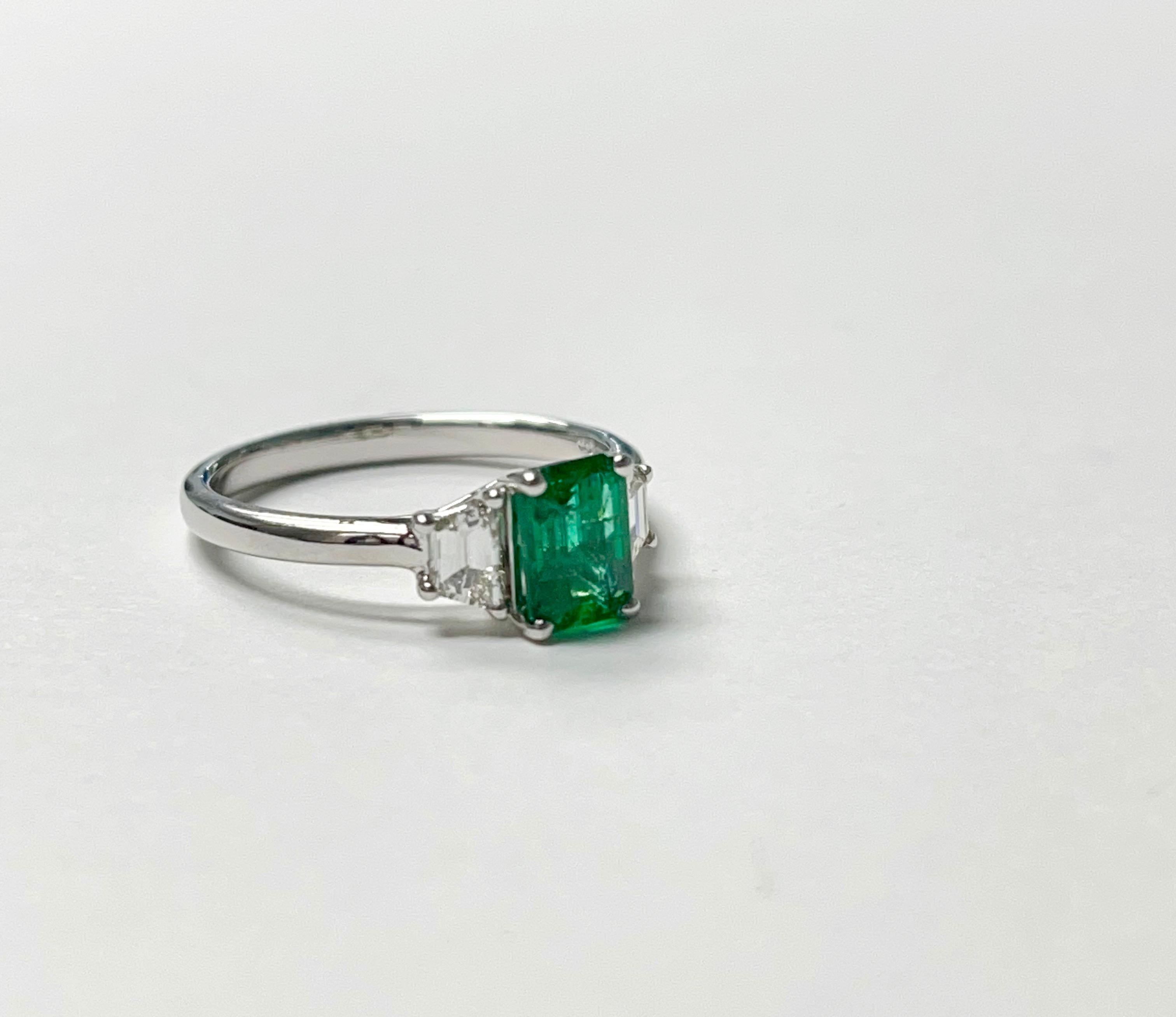 Emerald Cut Emerald and Diamond Engagement Ring in 18K White Gold For Sale