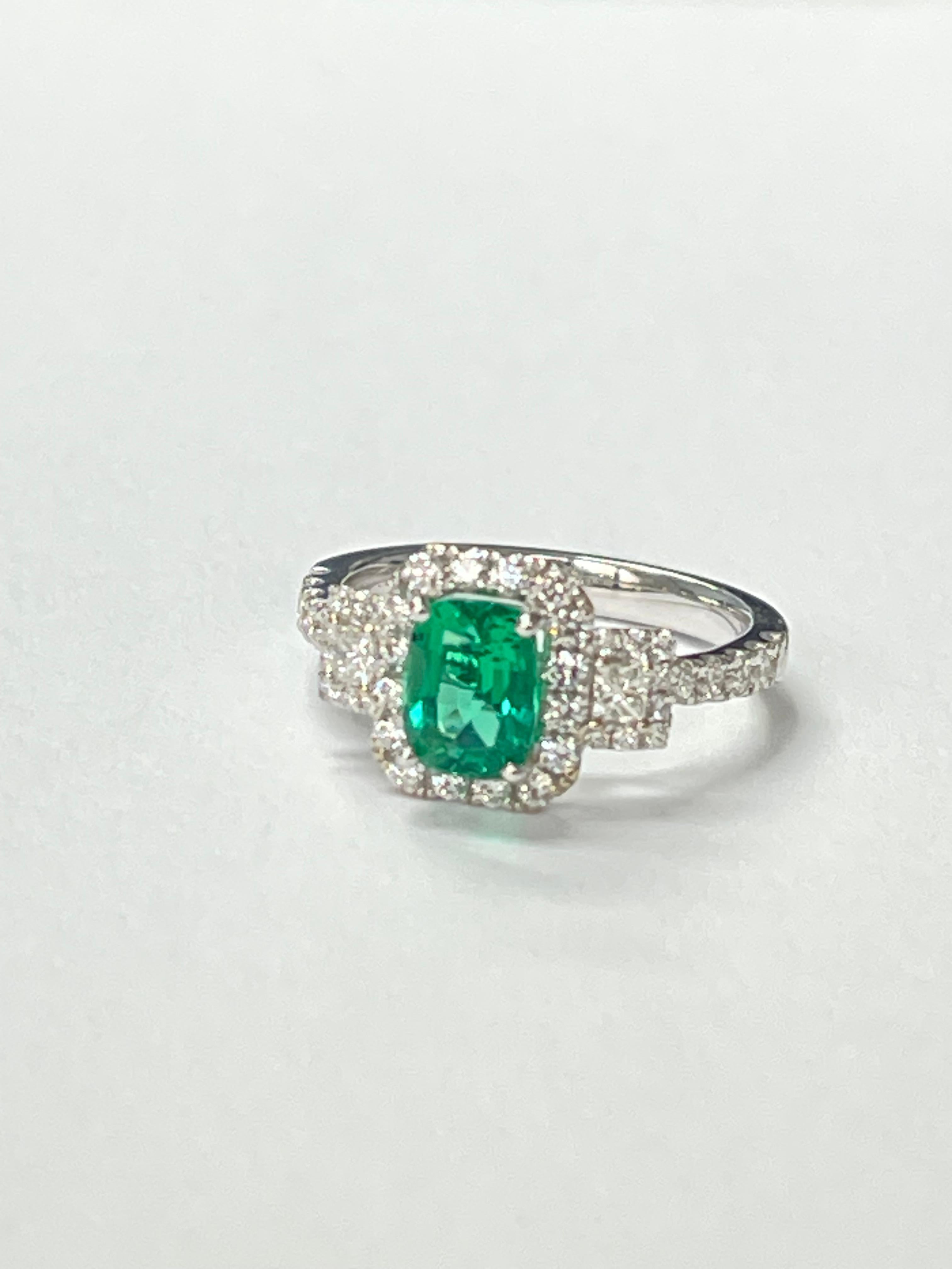 Emerald Cut Emerald and Diamond Engagement Ring In 18K White Gold. For Sale