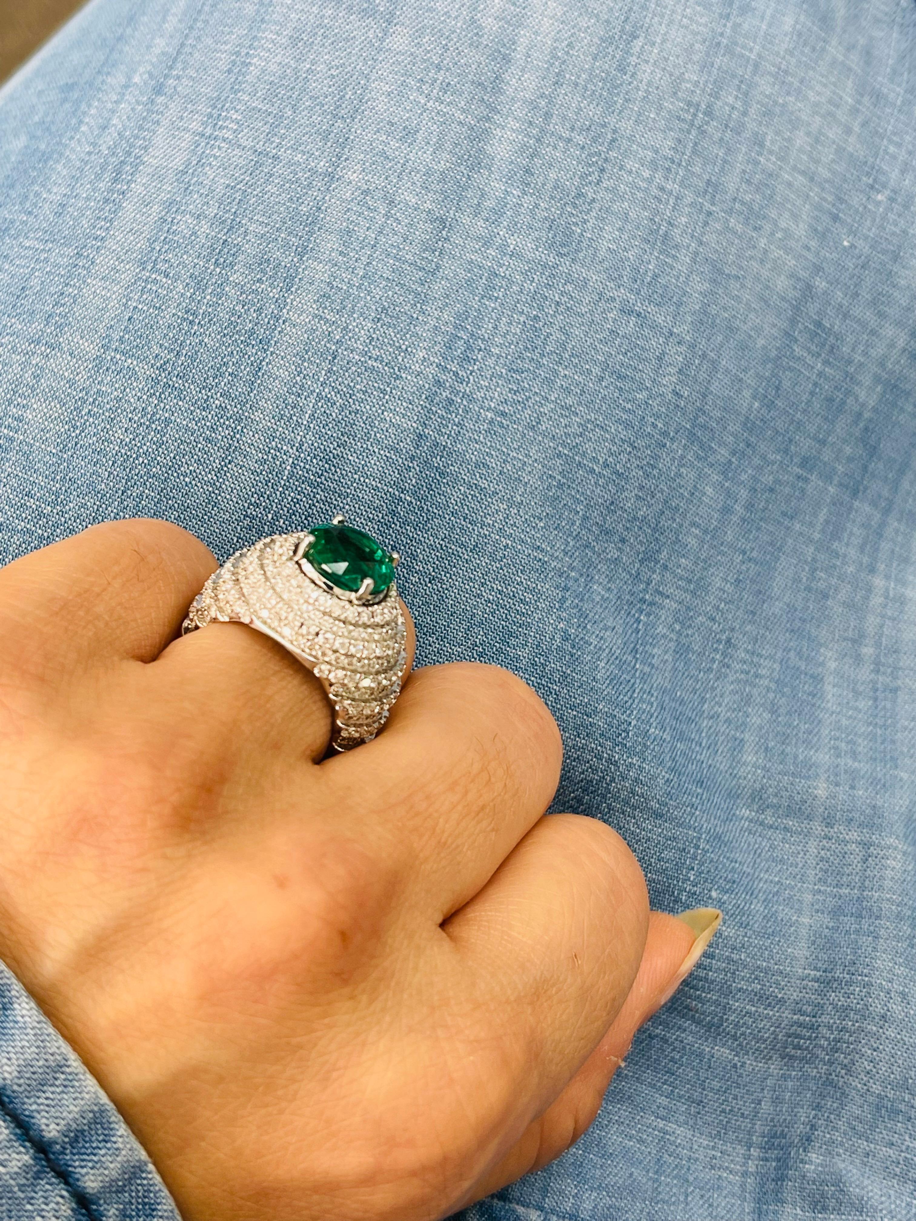 Emerald And Diamond Engagement Ring In 18K White Gold. For Sale 1