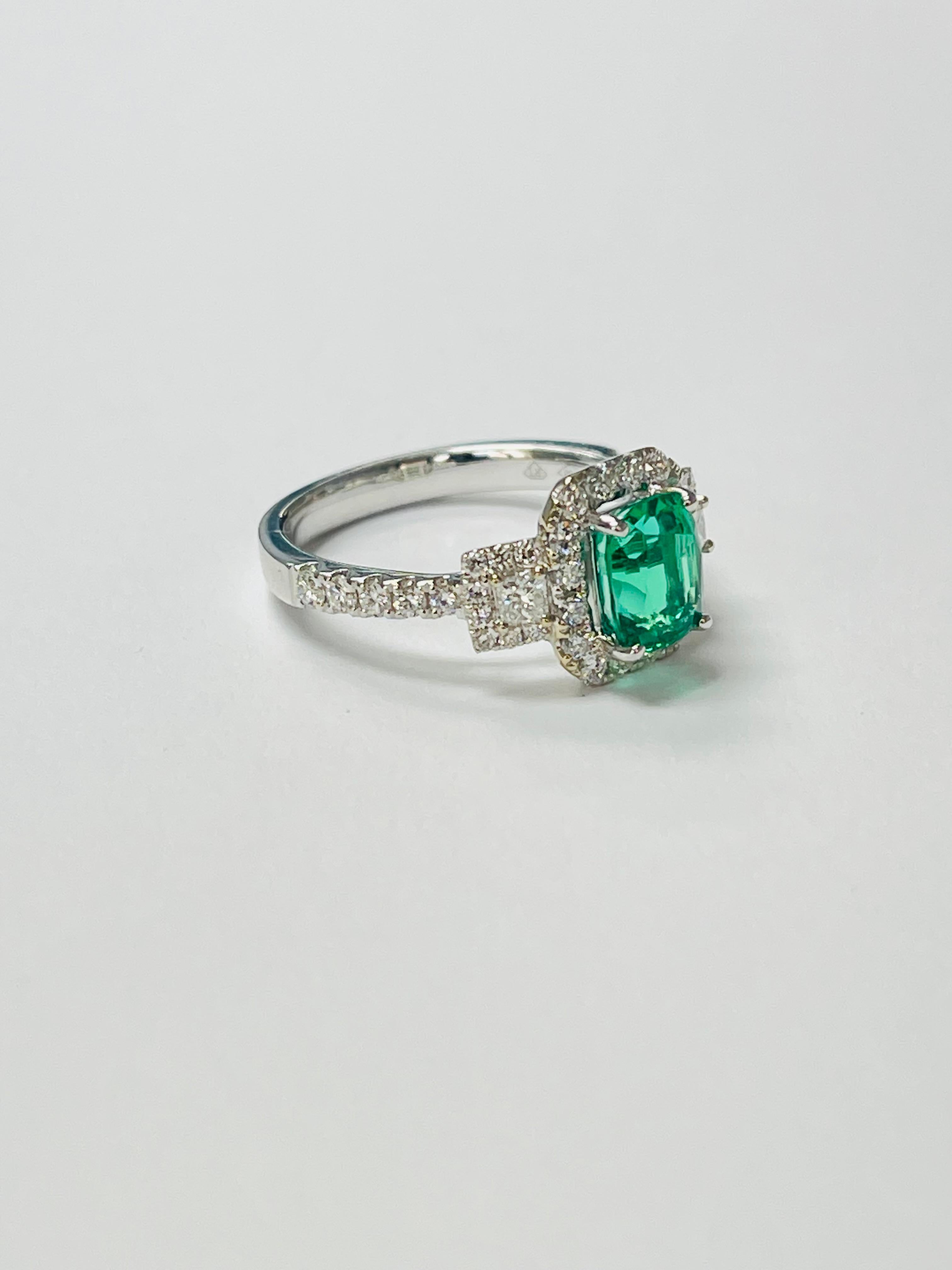 Emerald and Diamond Engagement Ring In 18K White Gold. For Sale 1