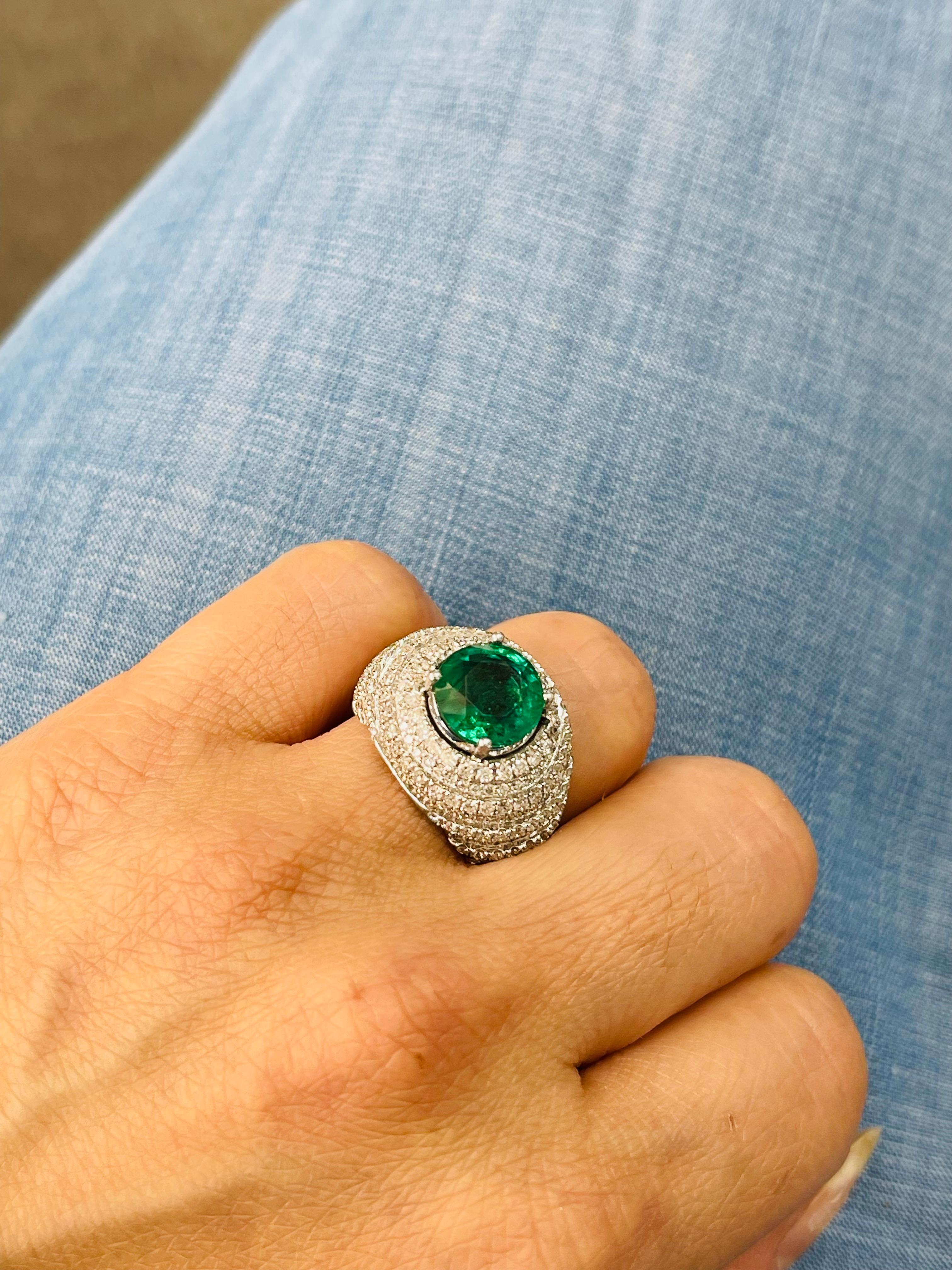 Emerald And Diamond Engagement Ring In 18K White Gold. For Sale 2