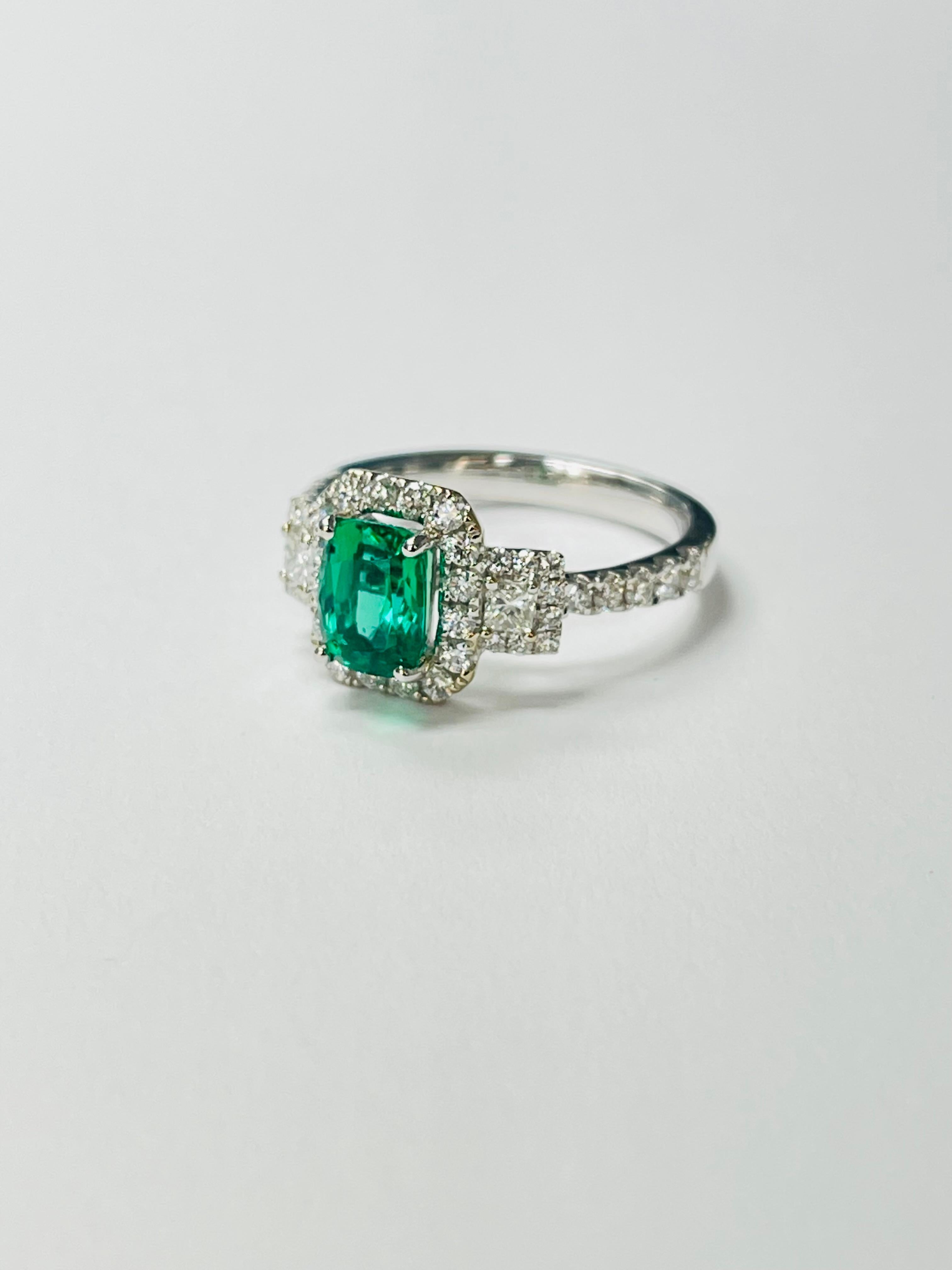 Emerald and Diamond Engagement Ring In 18K White Gold. For Sale 2