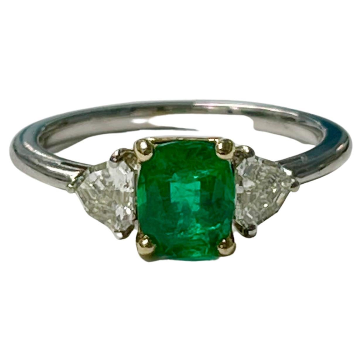 Emerald and Diamond Engagement Ring in 18K White Gold For Sale