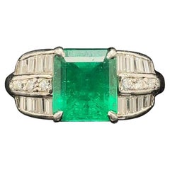 Emerald and Diamond Engagement Ring Platinum Art Deco Style, Circa 1950