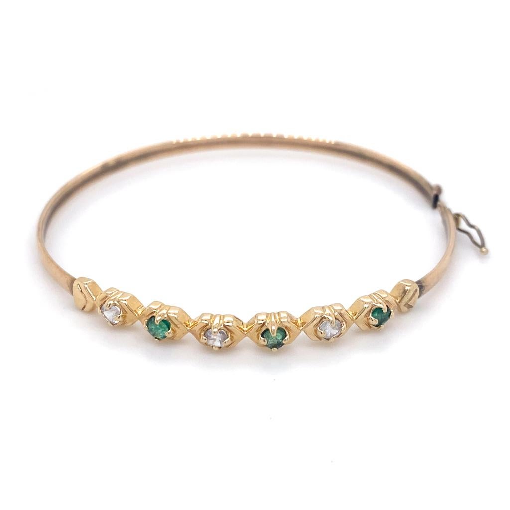 Revival Emerald and Diamond Estate Bangle Bracelet, 14K Yellow Gold, Easy Clasp For Sale