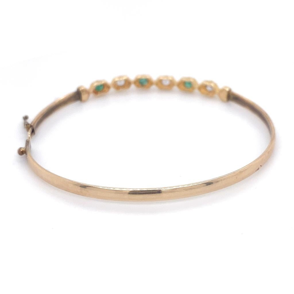 Round Cut Emerald and Diamond Estate Bangle Bracelet, 14K Yellow Gold, Easy Clasp  For Sale