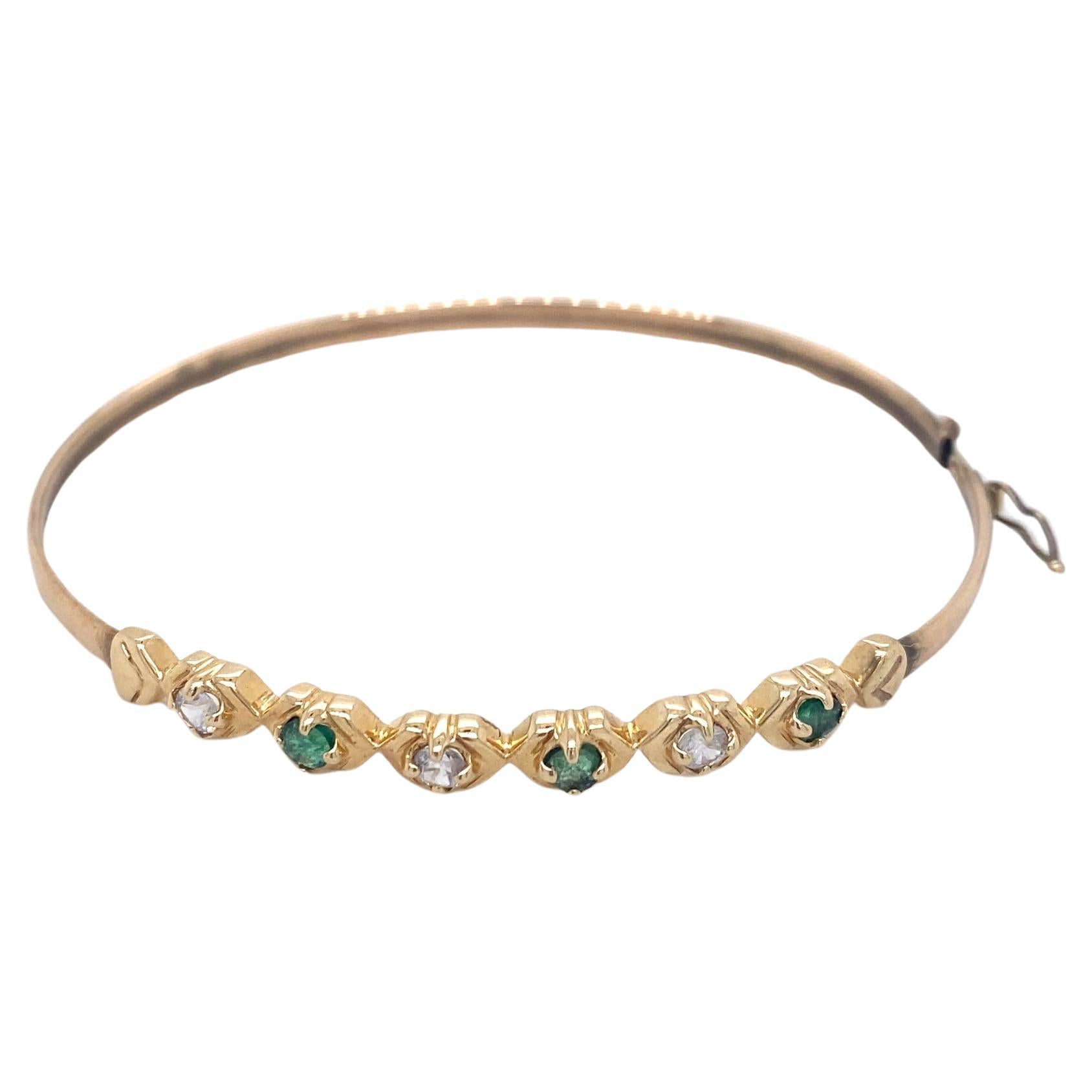 Emerald and Diamond Estate Bangle Bracelet, 14K Yellow Gold, Easy Clasp For Sale