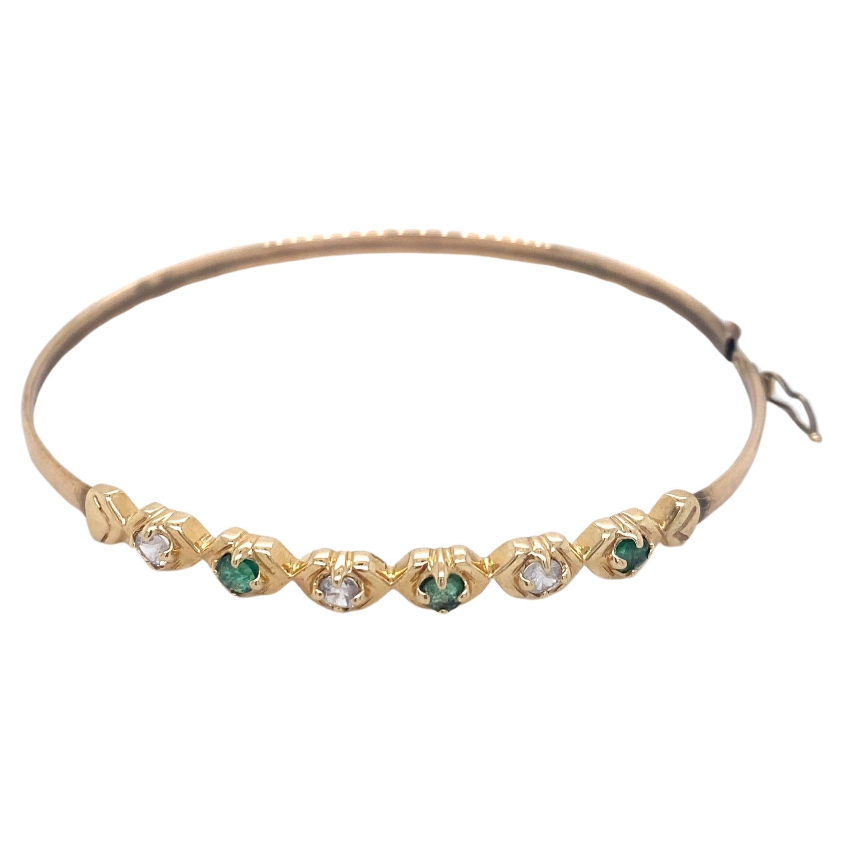 Emerald and Diamond Estate Bangle Bracelet, 14K Yellow Gold, Easy Clasp  For Sale