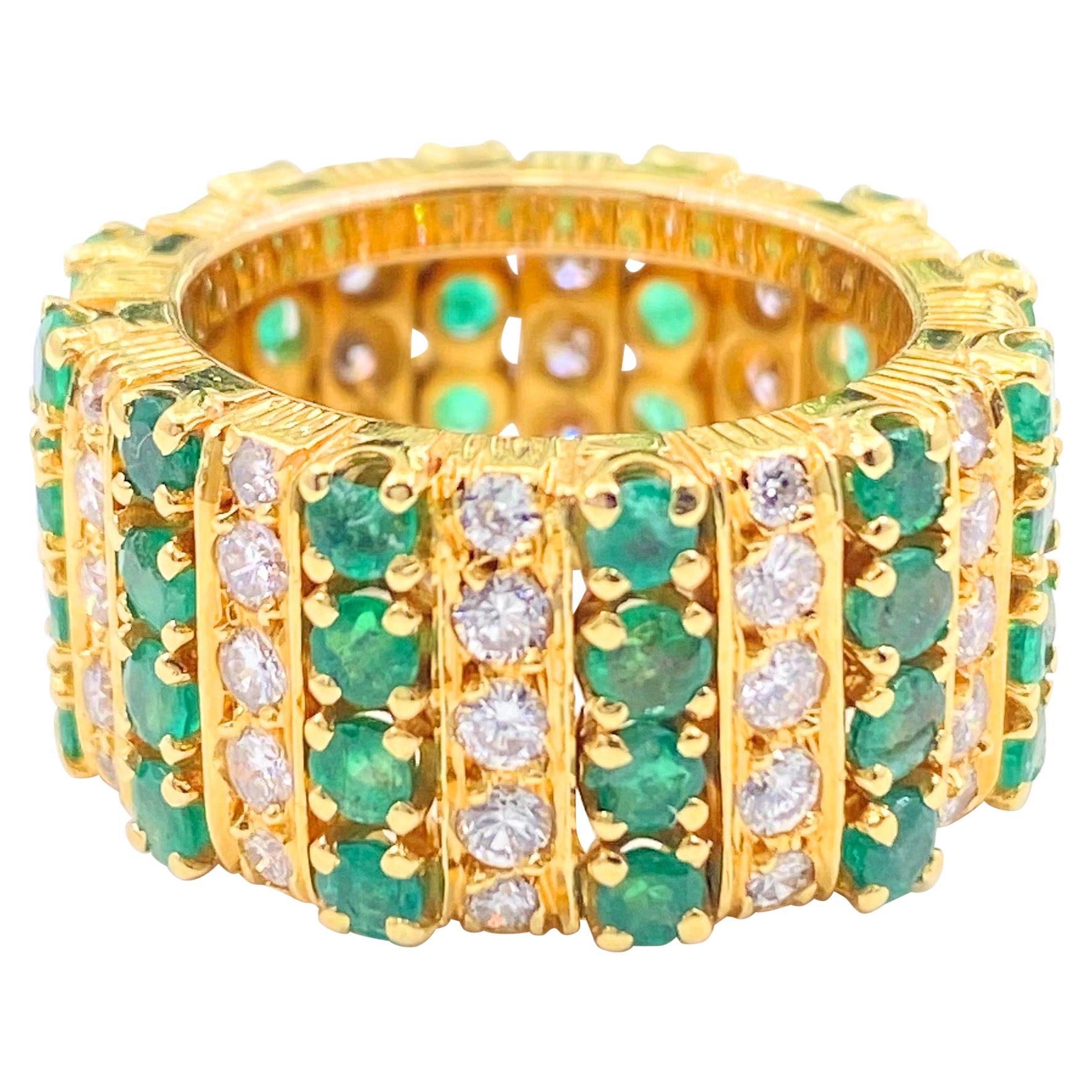 Emerald and Diamond Eternity Cocktail Ring 18 Karat Yellow Gold For Sale